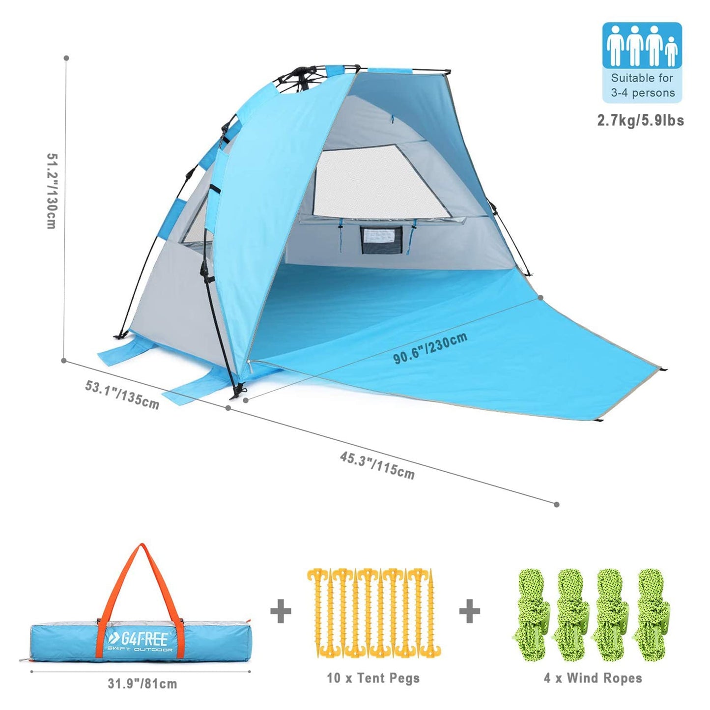 G4Free Large Pop up Beach Tent for 3-4 Person, UPF 50+ Automatic Sun Shelter Canopy Portable Outdoor Cabana Sun Umbrella