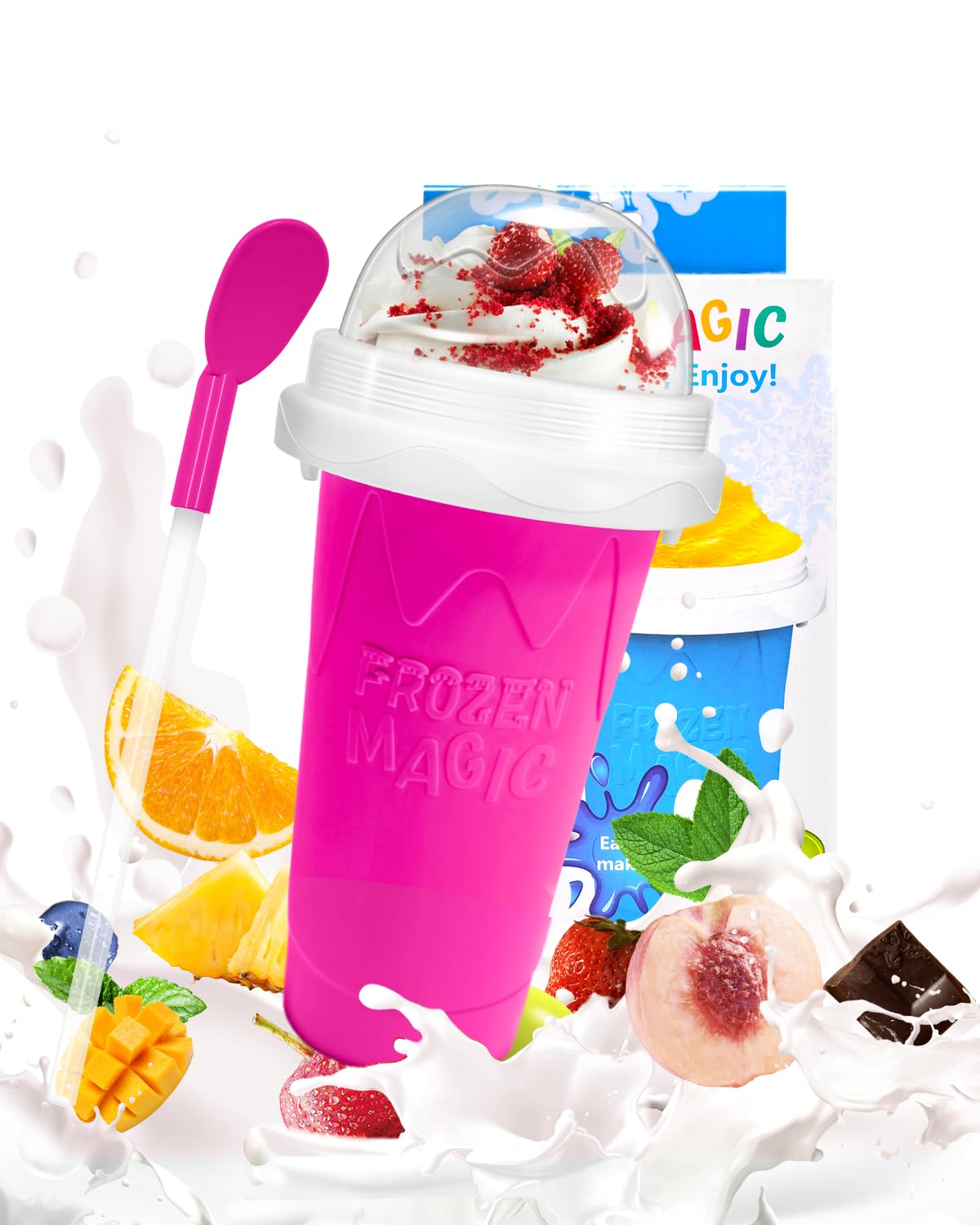 Slushy Maker Cup, DIY Magic Slushy Maker Squeeze Cup, Portable Smoothie Squeeze Cup for Juices, Milk and Ice Cream Make, Double Layers Silica Cup with Lid & Straw for Kids, Friends, Family (Blue)1