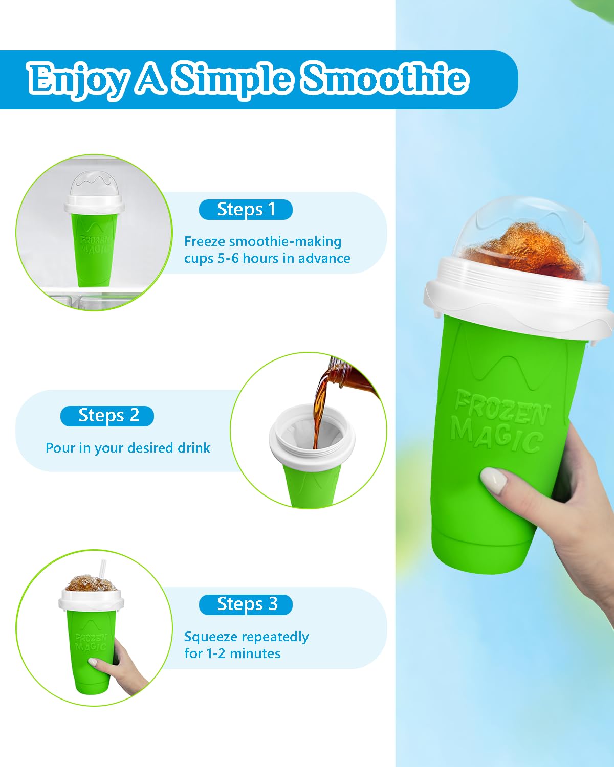 Slushy Maker Cup, DIY Magic Slushy Maker Squeeze Cup, Portable Smoothie Squeeze Cup for Juices, Milk and Ice Cream Make, Double Layers Silica Cup with Lid & Straw for Kids, Friends, Family (Blue)1