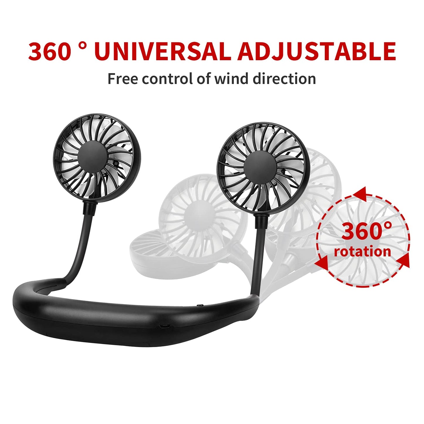 Portable Neck Fan Rechargeable Personal Hand-Free Fan Mini USB Wearable Neckband Sport Fan, 3 Speed Adjustable, 360 Degrees Free Rotation Perfect for Working, Traveling, Office, Reading (Black)