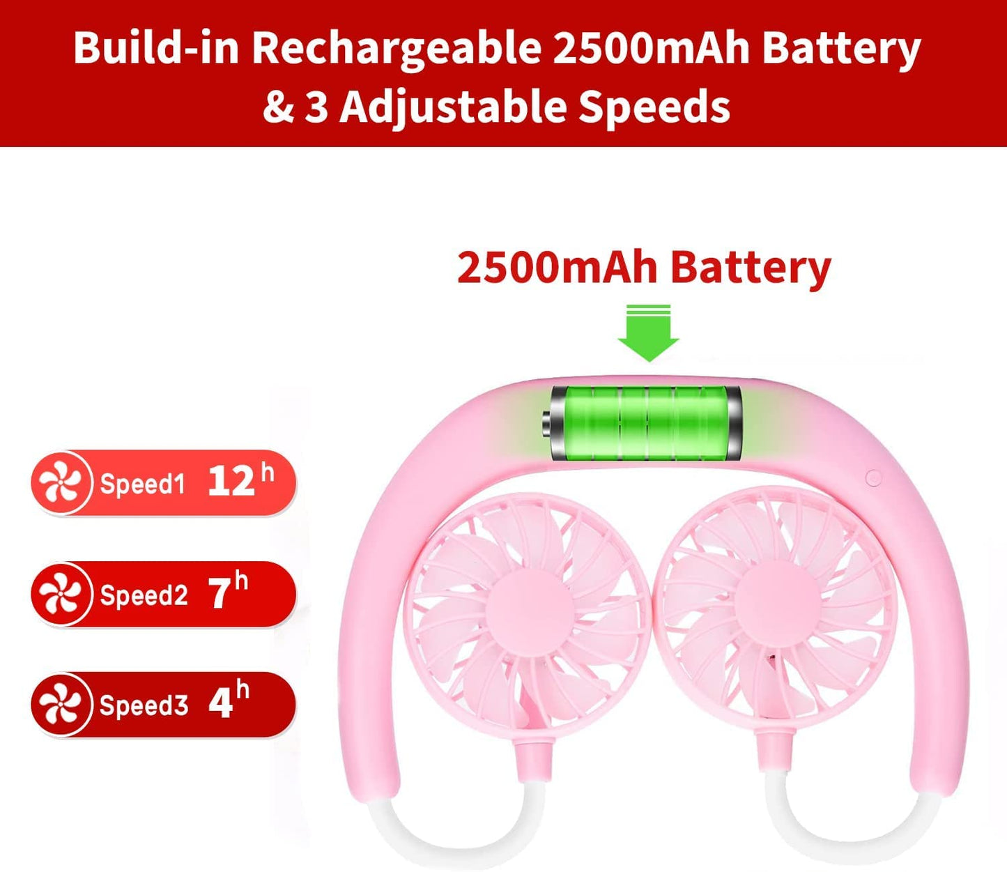 Portable Neck Fan Rechargeable Personal Hand-Free Fan Mini USB Wearable Neckband Sport Fan, 3 Speed Adjustable, 360 Degrees Free Rotation Perfect for Working, Traveling, Office, Reading (Black)