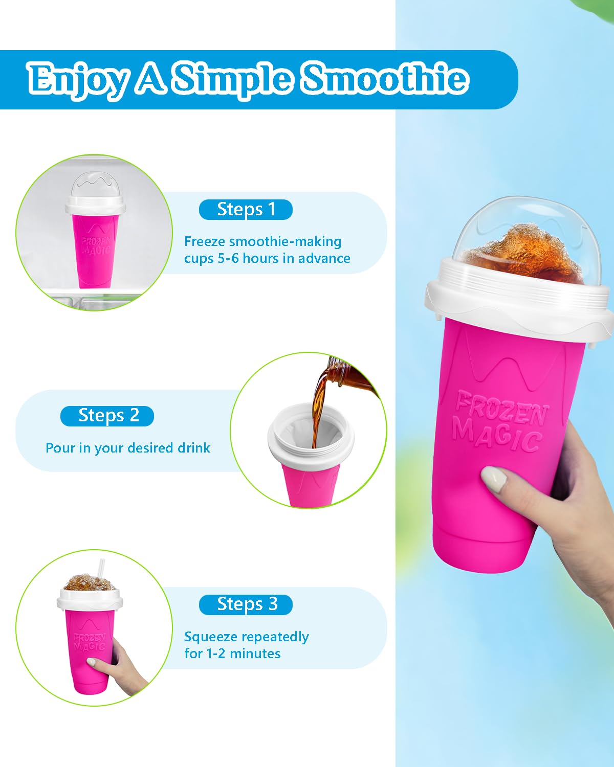 Slushy Maker Cup, DIY Magic Slushy Maker Squeeze Cup, Portable Smoothie Squeeze Cup for Juices, Milk and Ice Cream Make, Double Layers Silica Cup with Lid & Straw for Kids, Friends, Family (Blue)1