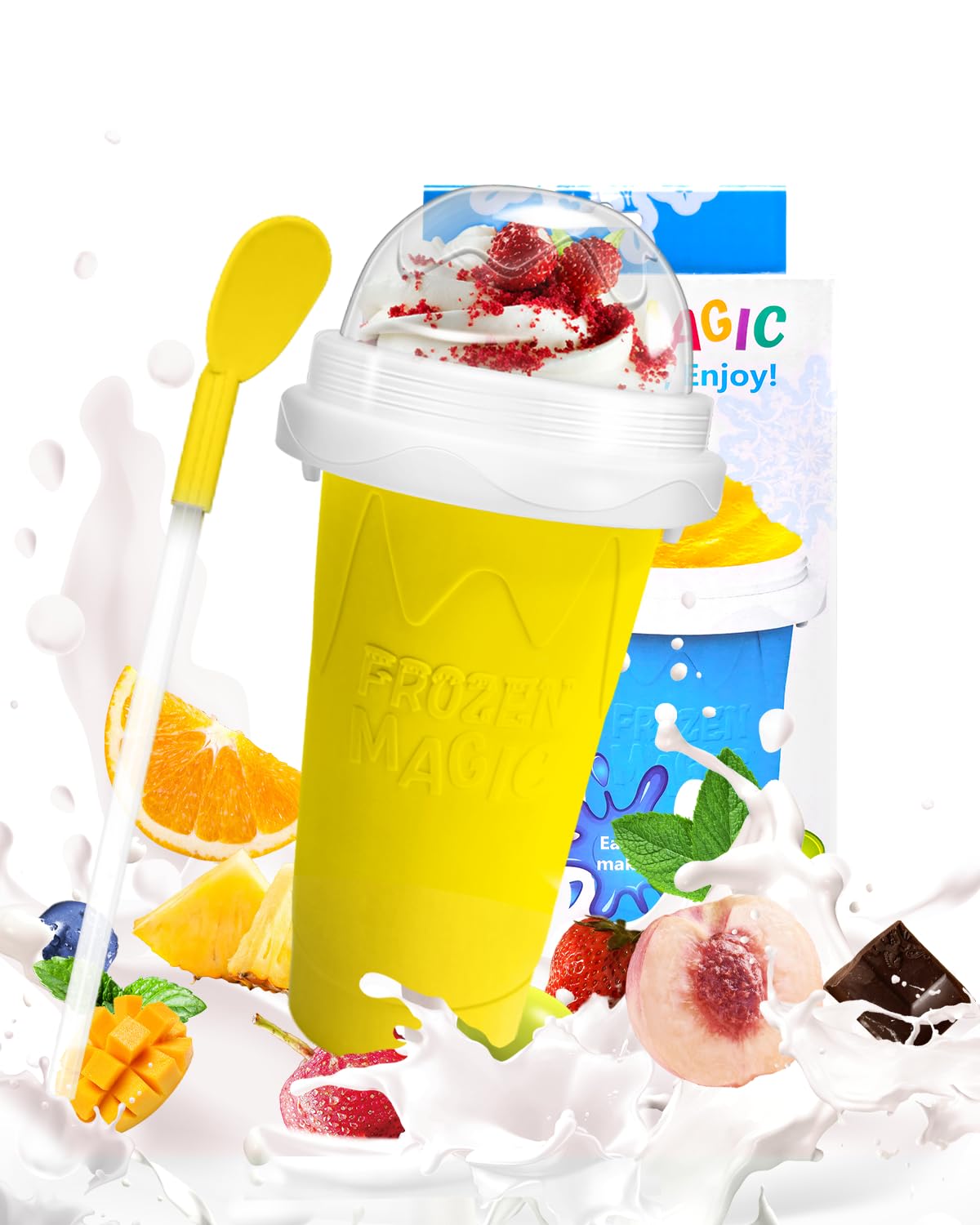 Slushy Maker Cup, DIY Magic Slushy Maker Squeeze Cup, Portable Smoothie Squeeze Cup for Juices, Milk and Ice Cream Make, Double Layers Silica Cup with Lid & Straw for Kids, Friends, Family (Blue)1