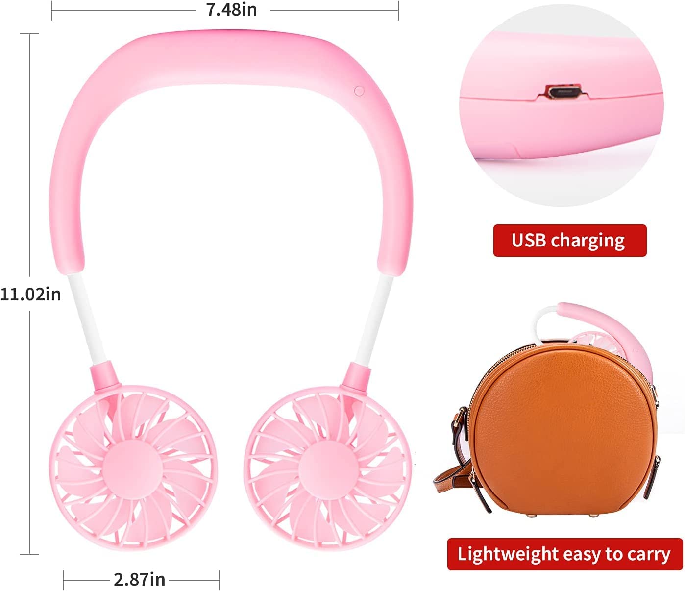 Portable Neck Fan Rechargeable Personal Hand-Free Fan Mini USB Wearable Neckband Sport Fan, 3 Speed Adjustable, 360 Degrees Free Rotation Perfect for Working, Traveling, Office, Reading (Black)