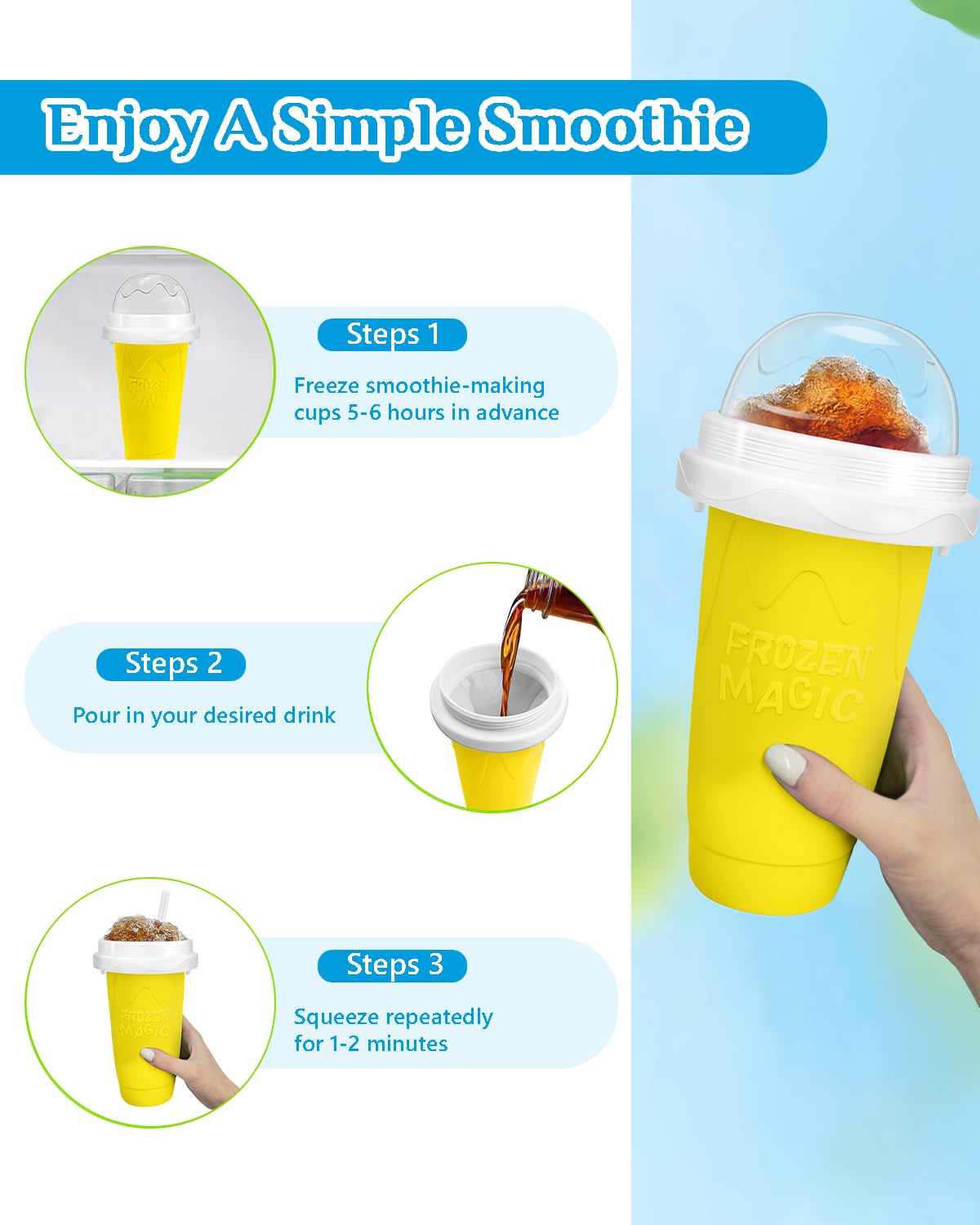 Slushy Maker Cup, DIY Magic Slushy Maker Squeeze Cup, Portable Smoothie Squeeze Cup for Juices, Milk and Ice Cream Make, Double Layers Silica Cup with Lid & Straw for Kids, Friends, Family (Blue)1