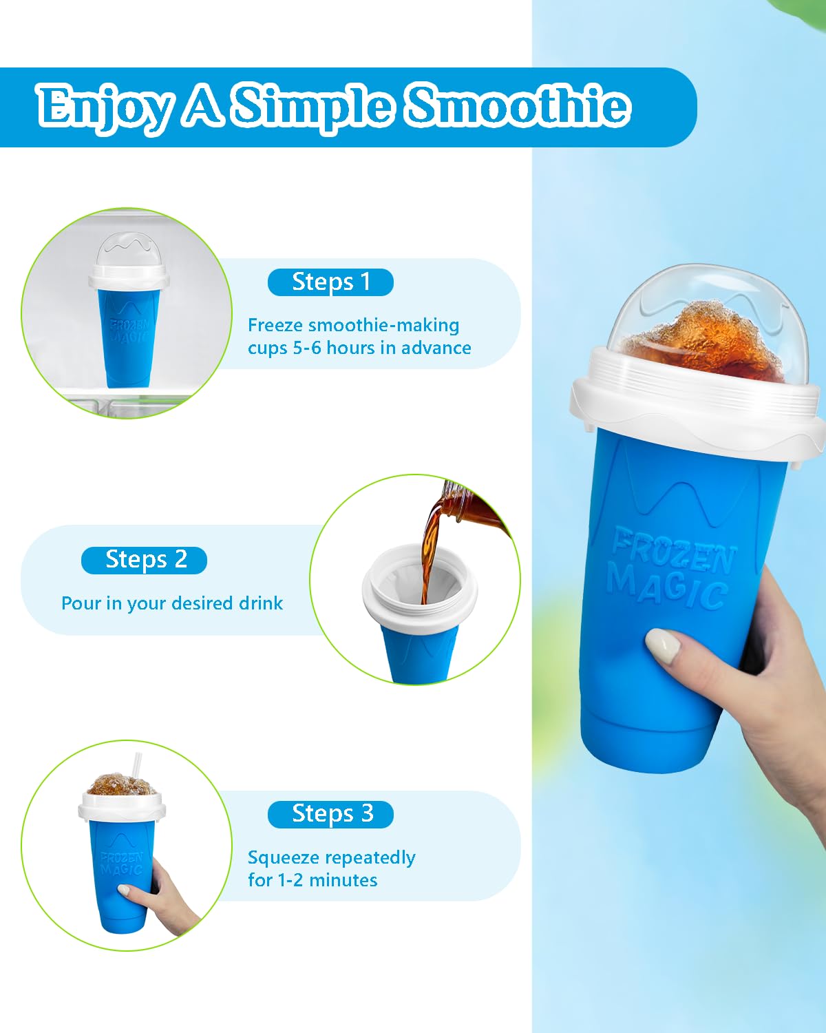 Slushy Maker Cup, DIY Magic Slushy Maker Squeeze Cup, Portable Smoothie Squeeze Cup for Juices, Milk and Ice Cream Make, Double Layers Silica Cup with Lid & Straw for Kids, Friends, Family (Blue)1