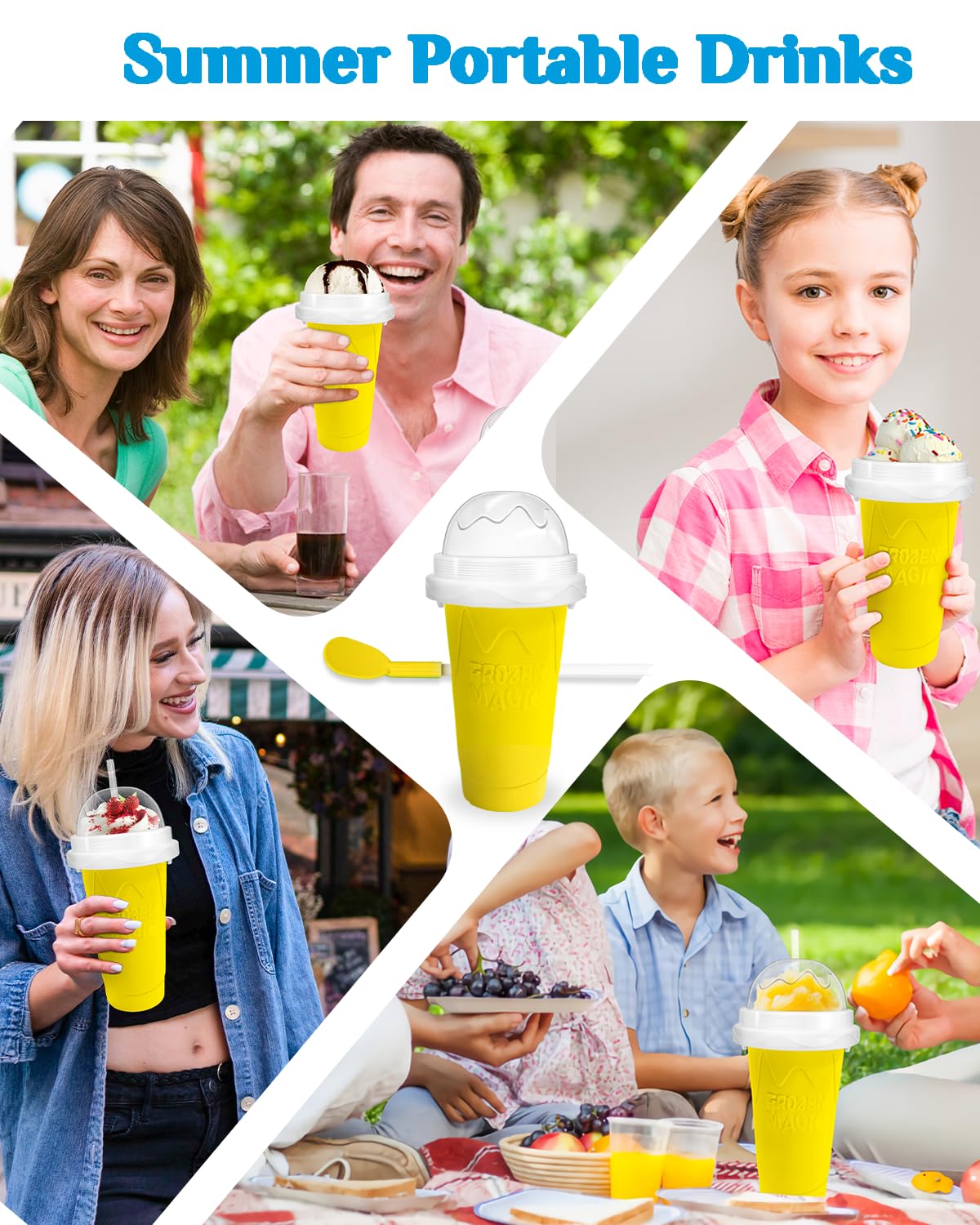 Slushy Maker Cup, DIY Magic Slushy Maker Squeeze Cup, Portable Smoothie Squeeze Cup for Juices, Milk and Ice Cream Make, Double Layers Silica Cup with Lid & Straw for Kids, Friends, Family (Blue)1