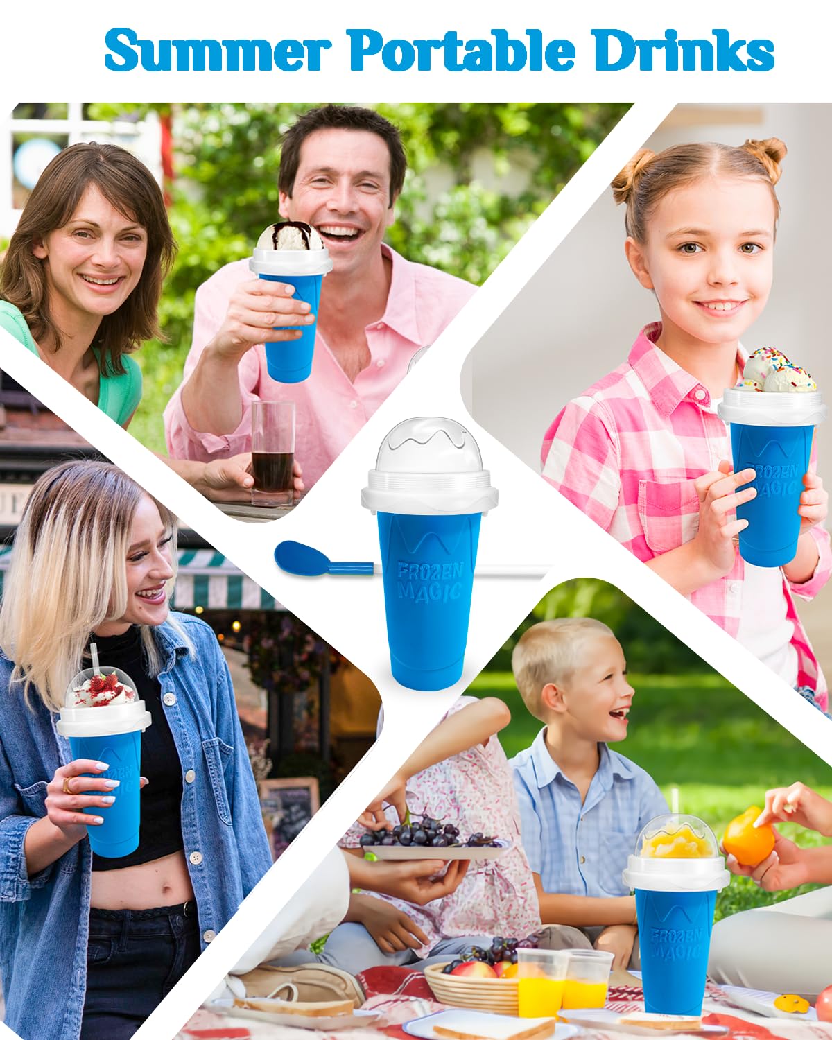 Slushy Maker Cup, DIY Magic Slushy Maker Squeeze Cup, Portable Smoothie Squeeze Cup for Juices, Milk and Ice Cream Make, Double Layers Silica Cup with Lid & Straw for Kids, Friends, Family (Blue)1