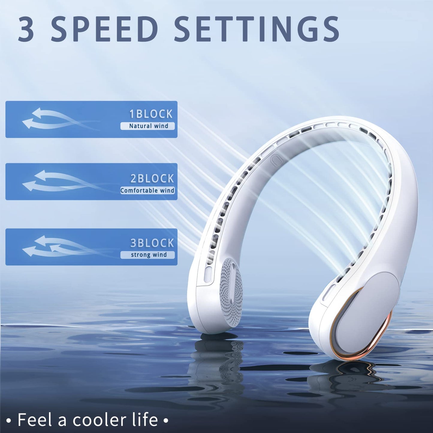 ASNUG Neck Fan, USB Rechargeable Personal Fan, 4000 mAh Battery Operated, 3 Speeds Adjustable, Faster Cooling, Ultra Quiet, Suitable for Home, Office, Travel, Sports
