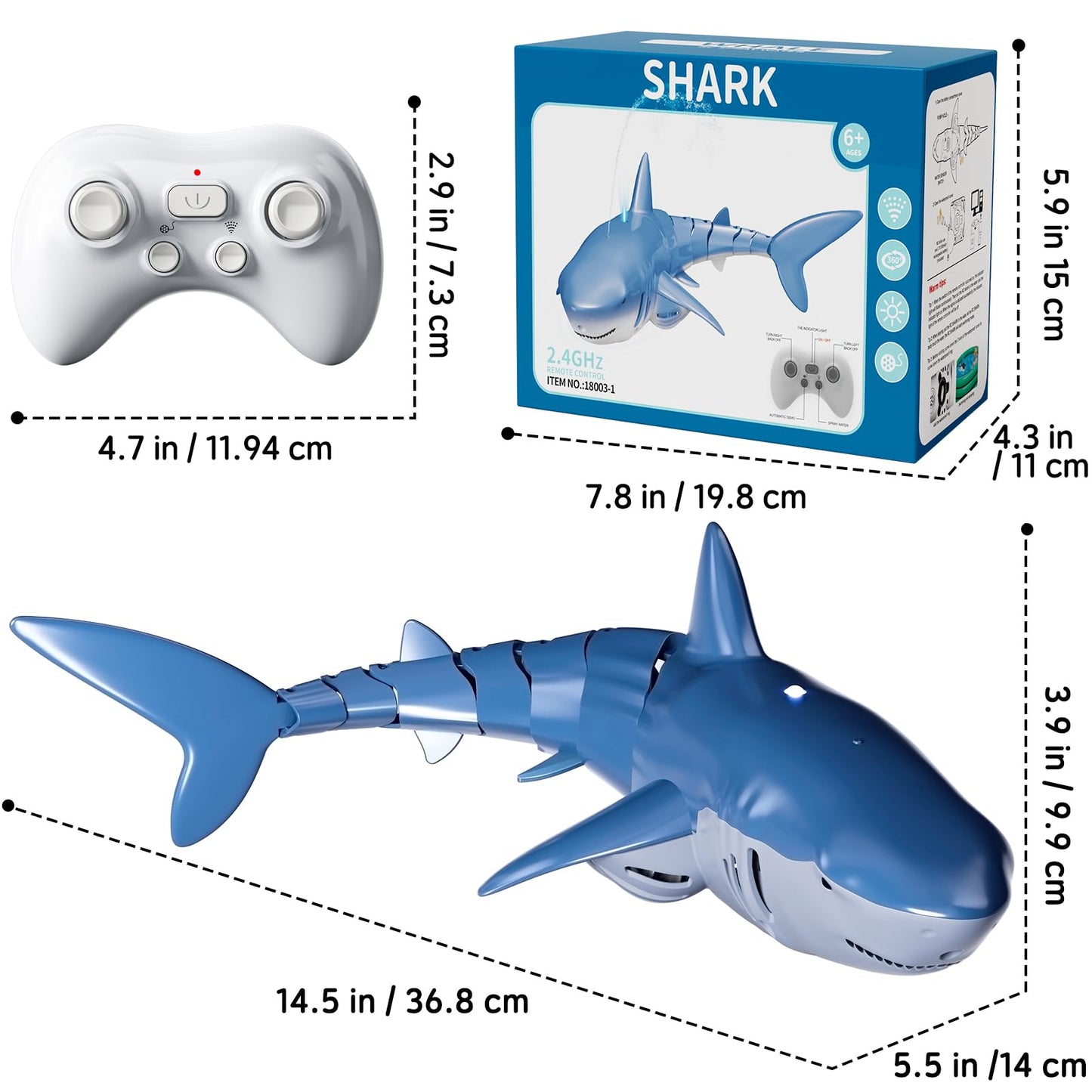 Remote Control Shark Toys for Boys Kids, 1:18 Scale High Simulation Shark for Pool, 2.4Ghz Electric RC Shark Boat Fish Toys with Light & Spray, Toy Shark Gifts for 6 7 8 9 Year olds Kid Boys Girls