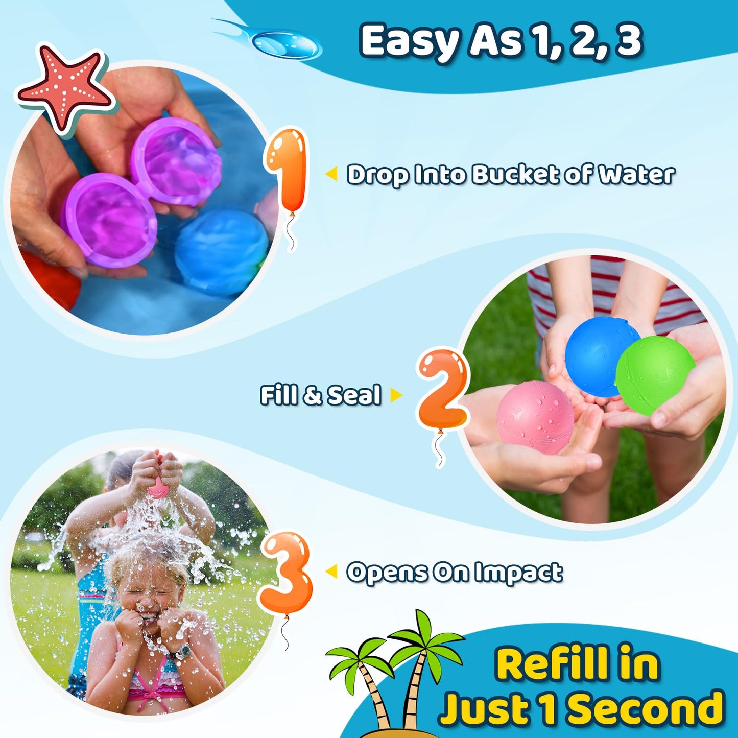 Reusable Water Balloons, Water Ball for beach toys, Summer toys, Easy Quick Fill & Self-Sealing Water Bombs, Soft Silicone Water Splash Ball, Best Gift for Kids(6Pcs)