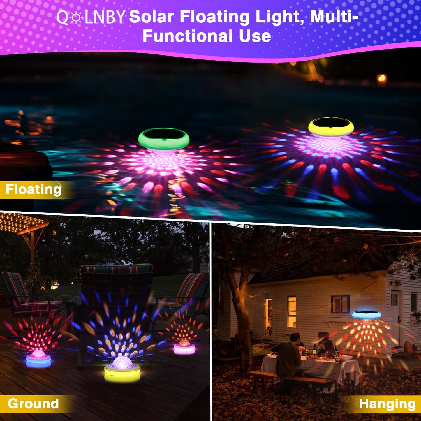 Solar Powered and USB Rechargeable Floating Pool Lights, 6.69 Inch IP68 Waterproof Pool Lights That Float 6 Dynamic Modes with Remote Upper and Lower Glow 2600mAh Hangable Solar Light for Pond 2 PACK
