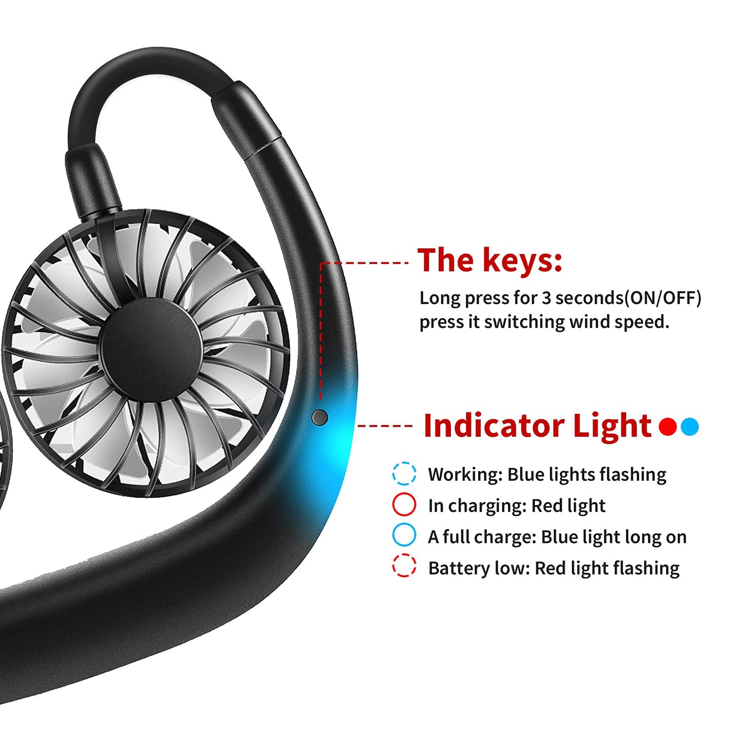 Portable Neck Fan Rechargeable Personal Hand-Free Fan Mini USB Wearable Neckband Sport Fan, 3 Speed Adjustable, 360 Degrees Free Rotation Perfect for Working, Traveling, Office, Reading (Black)