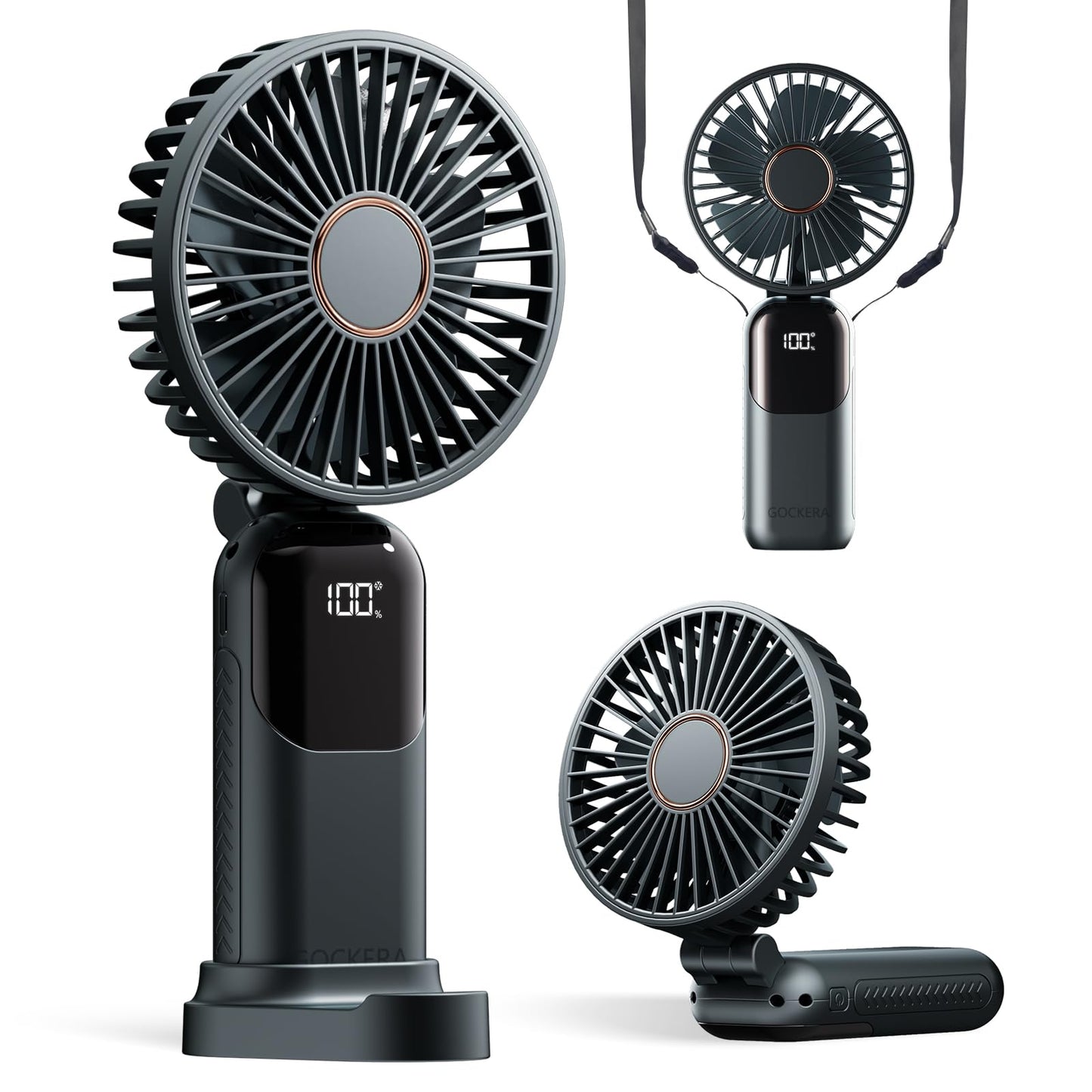 GOCKERA Portable Fan, 4200mAh Battery Operated Fan, 5 Speeds&Digital Display, Makeup Fans for Women with Base, 180°Foldable 3in1 Handheld/Neck/Desk Fan for Outdoor Indoor,Ultra Quiet (Pink)