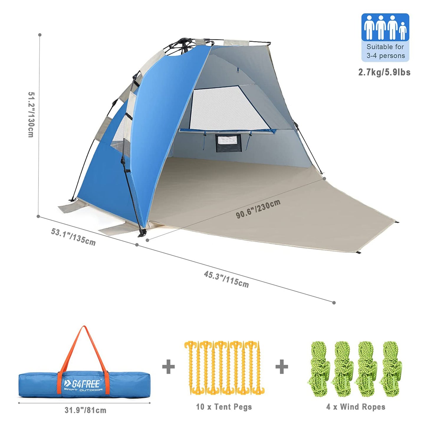 G4Free Large Pop up Beach Tent for 3-4 Person, UPF 50+ Automatic Sun Shelter Canopy Portable Outdoor Cabana Sun Umbrella