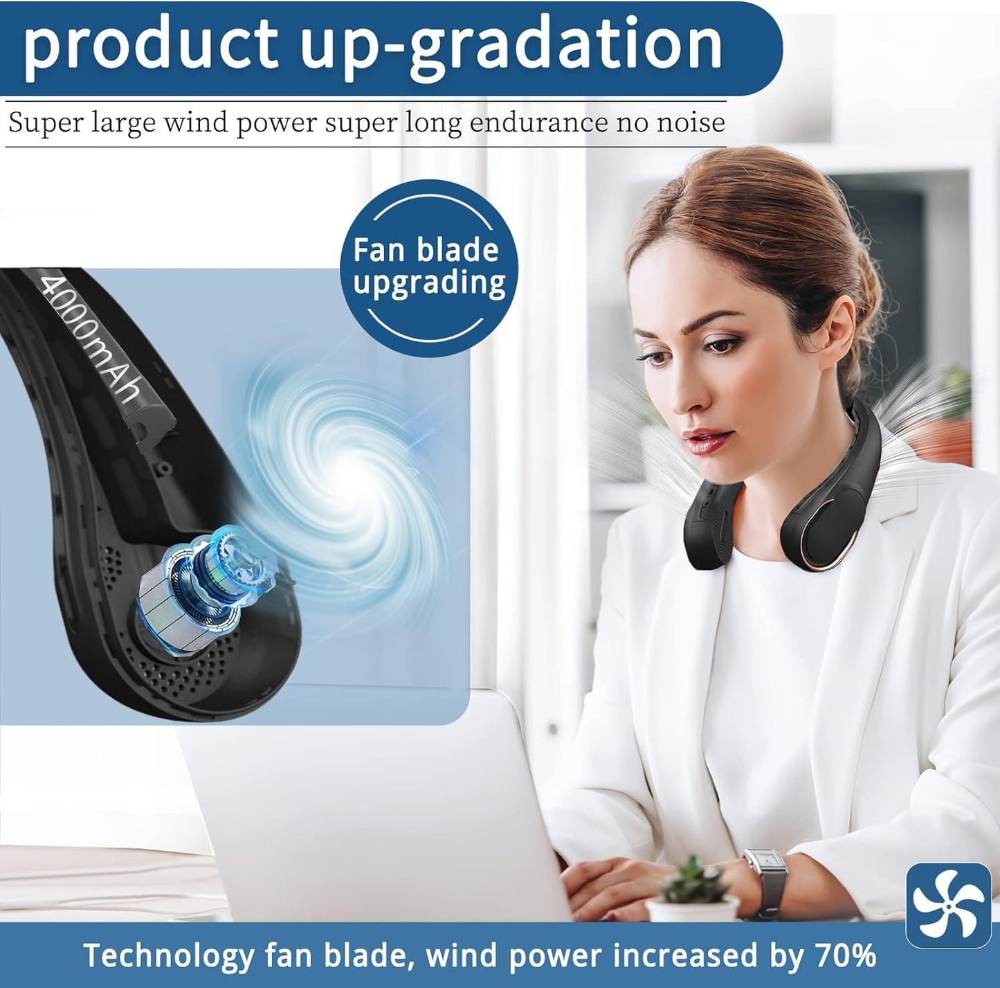 ASNUG Neck Fan, USB Rechargeable Personal Fan, 4000 mAh Battery Operated, 3 Speeds Adjustable, Faster Cooling, Ultra Quiet, Suitable for Home, Office, Travel, Sports