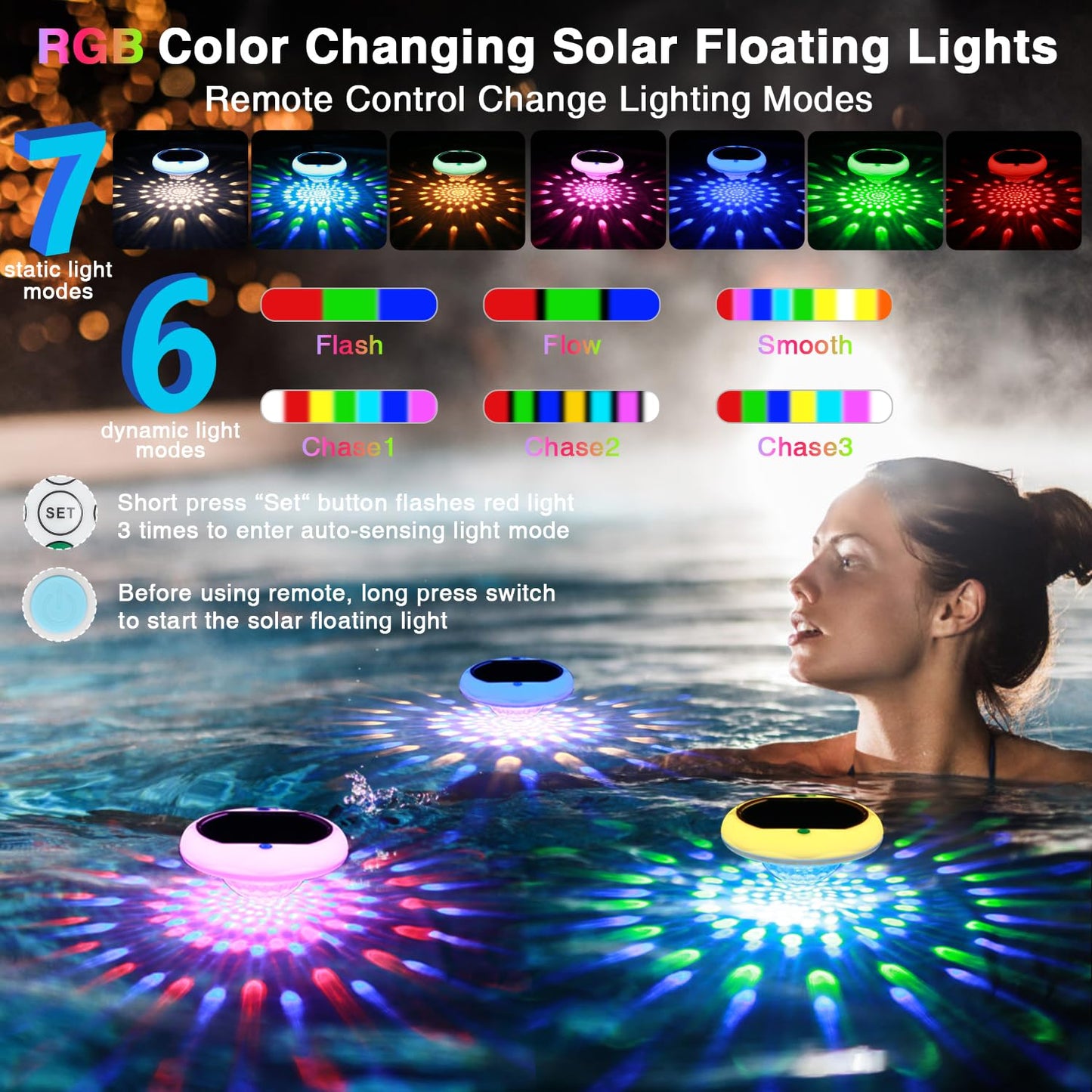 Solar Powered and USB Rechargeable Floating Pool Lights, 6.69 Inch IP68 Waterproof Pool Lights That Float 6 Dynamic Modes with Remote Upper and Lower Glow 2600mAh Hangable Solar Light for Pond 2 PACK