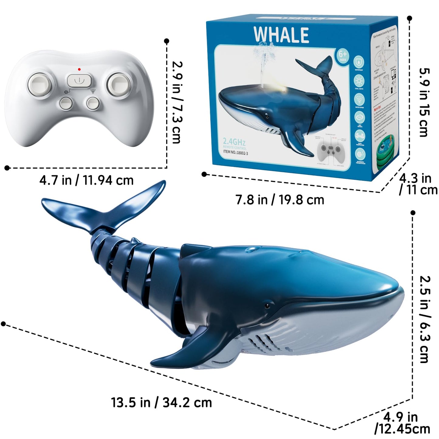 Remote Control Shark Toys for Boys Kids, 1:18 Scale High Simulation Shark for Pool, 2.4Ghz Electric RC Shark Boat Fish Toys with Light & Spray, Toy Shark Gifts for 6 7 8 9 Year olds Kid Boys Girls