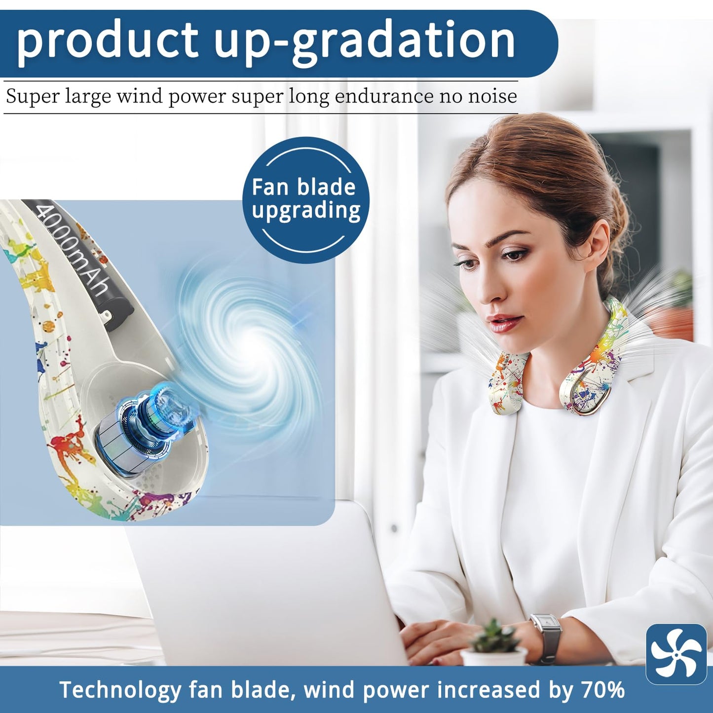 ASNUG Neck Fan, USB Rechargeable Personal Fan, 4000 mAh Battery Operated, 3 Speeds Adjustable, Faster Cooling, Ultra Quiet, Suitable for Home, Office, Travel, Sports
