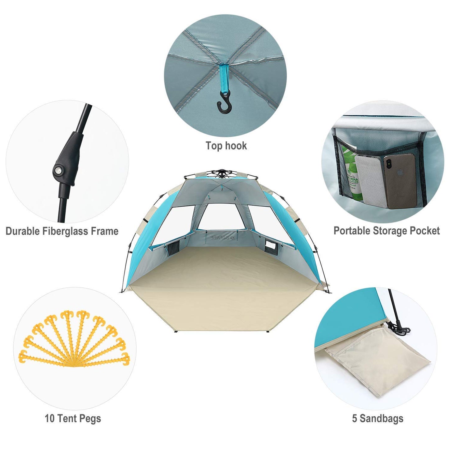 G4Free Large Pop up Beach Tent for 3-4 Person, UPF 50+ Automatic Sun Shelter Canopy Portable Outdoor Cabana Sun Umbrella