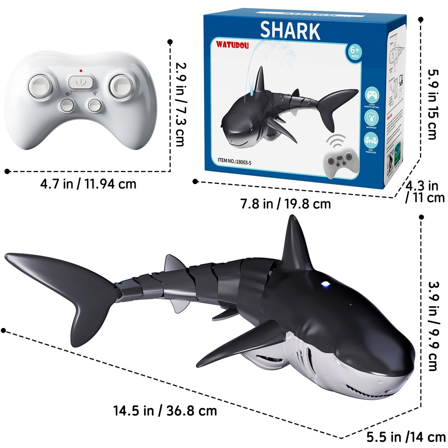 Remote Control Shark Toys for Boys Kids, 1:18 Scale High Simulation Shark for Pool, 2.4Ghz Electric RC Shark Boat Fish Toys with Light & Spray, Toy Shark Gifts for 6 7 8 9 Year olds Kid Boys Girls