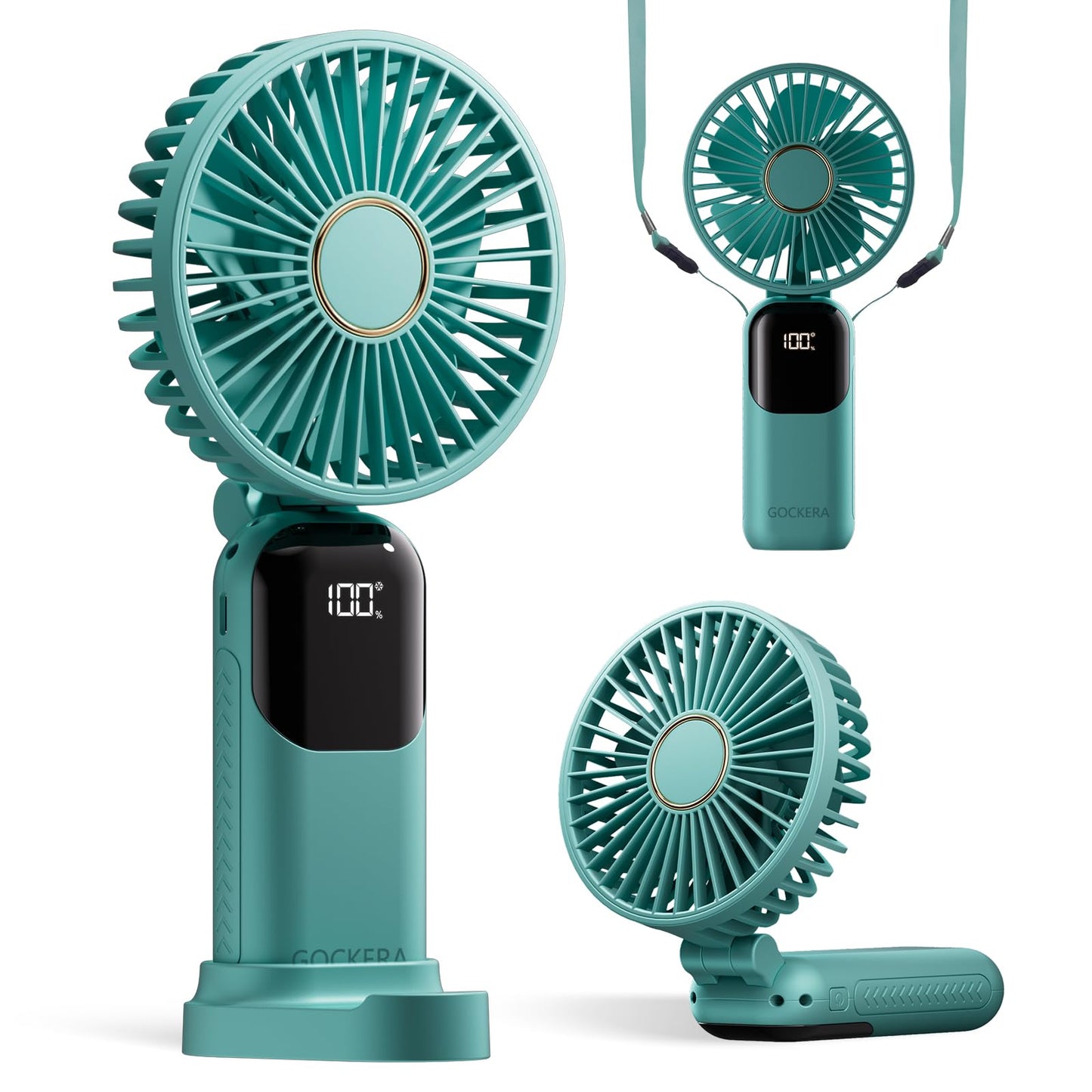 GOCKERA Portable Fan, 4200mAh Battery Operated Fan, 5 Speeds&Digital Display, Makeup Fans for Women with Base, 180°Foldable 3in1 Handheld/Neck/Desk Fan for Outdoor Indoor,Ultra Quiet (Pink)