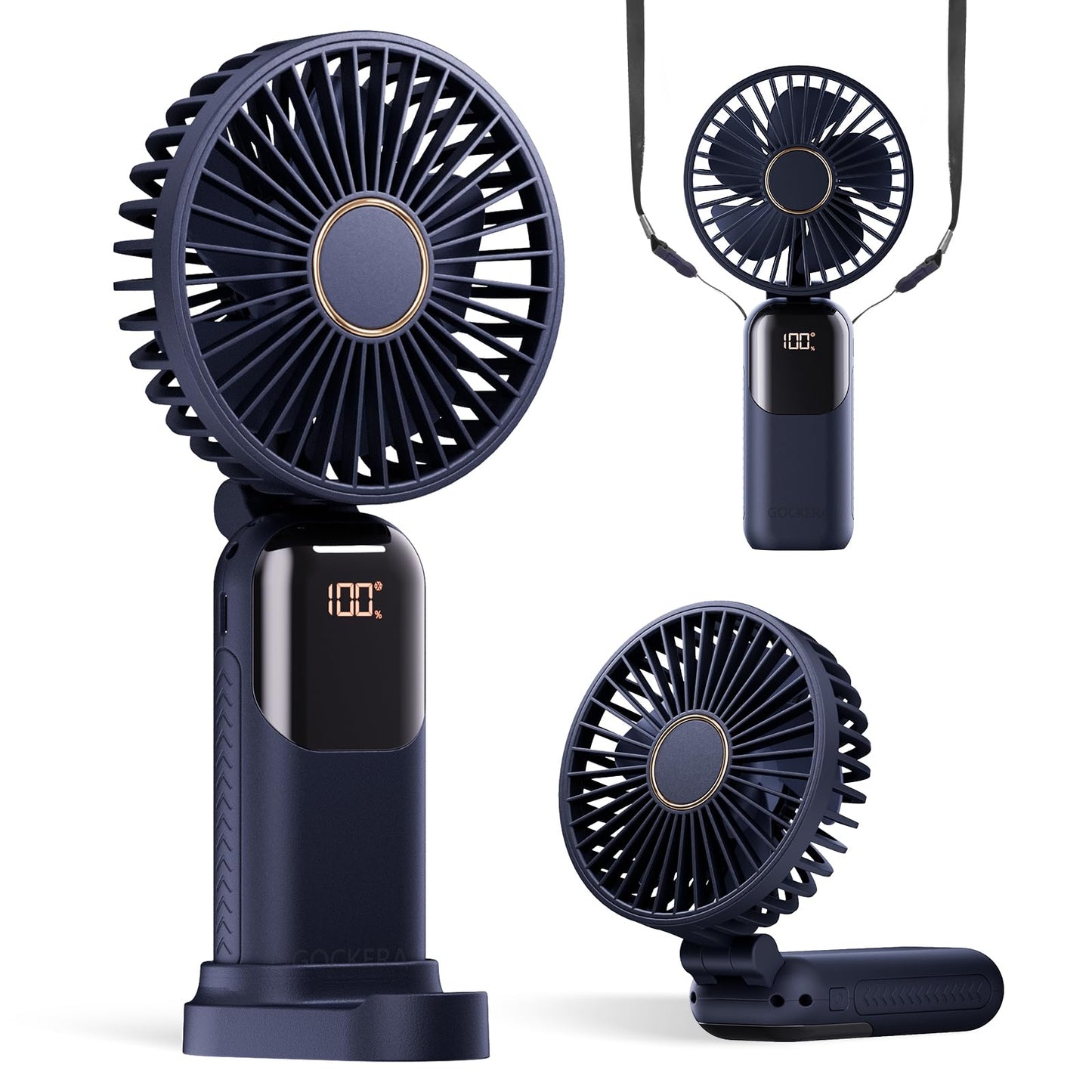 GOCKERA Portable Fan, 4200mAh Battery Operated Fan, 5 Speeds&Digital Display, Makeup Fans for Women with Base, 180°Foldable 3in1 Handheld/Neck/Desk Fan for Outdoor Indoor,Ultra Quiet (Pink)