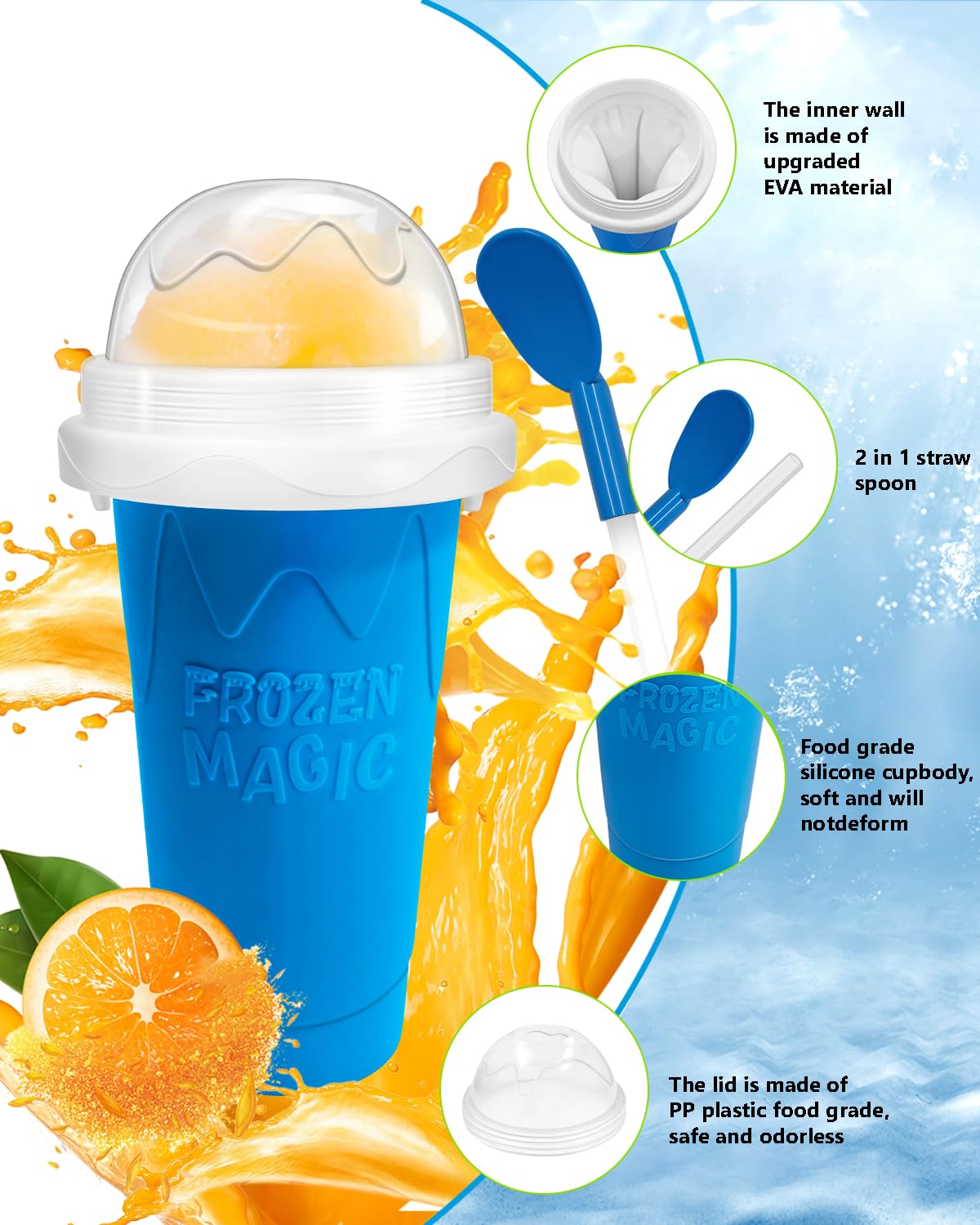 Slushy Maker Cup, DIY Magic Slushy Maker Squeeze Cup, Portable Smoothie Squeeze Cup for Juices, Milk and Ice Cream Make, Double Layers Silica Cup with Lid & Straw for Kids, Friends, Family (Blue)1