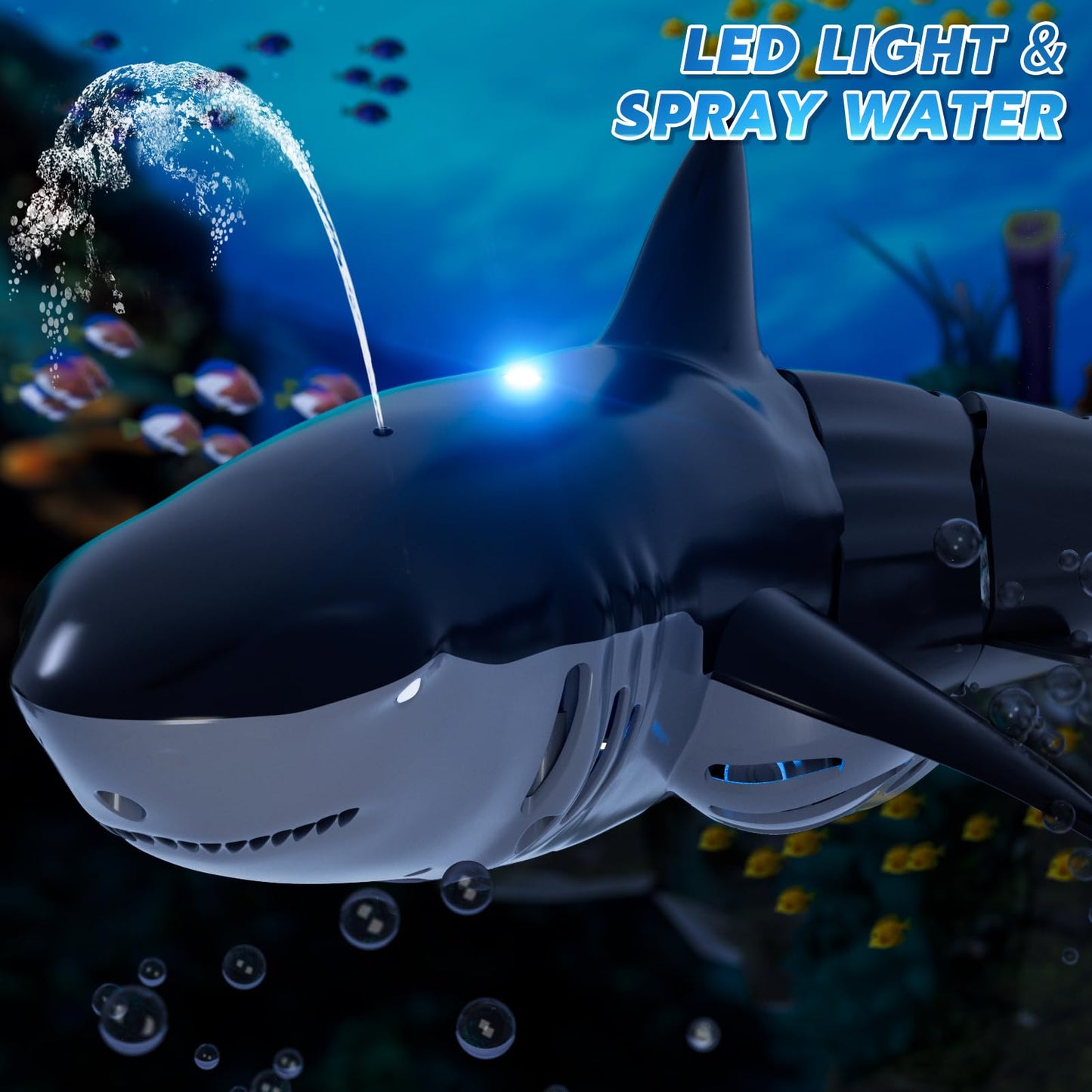 Remote Control Shark Toys for Boys Kids, 1:18 Scale High Simulation Shark for Pool, 2.4Ghz Electric RC Shark Boat Fish Toys with Light & Spray, Toy Shark Gifts for 6 7 8 9 Year olds Kid Boys Girls