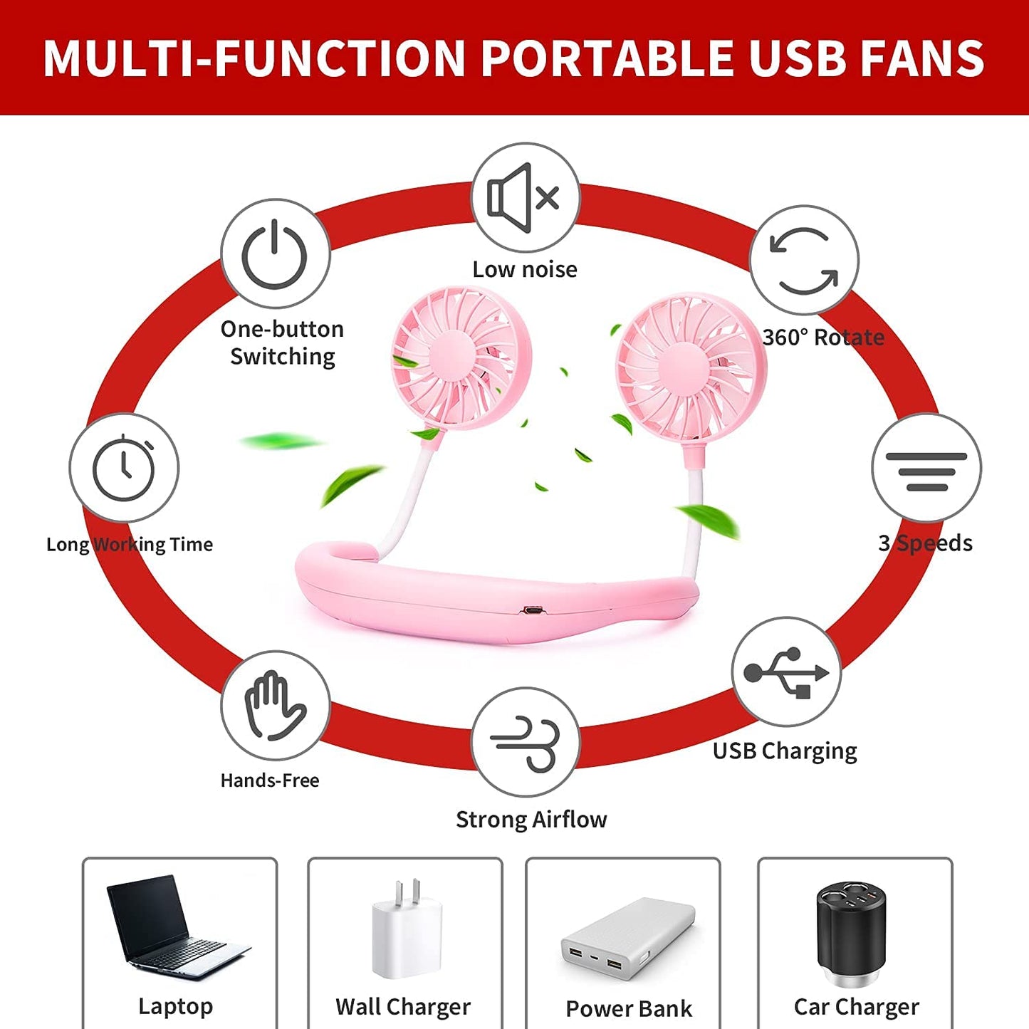 Portable Neck Fan Rechargeable Personal Hand-Free Fan Mini USB Wearable Neckband Sport Fan, 3 Speed Adjustable, 360 Degrees Free Rotation Perfect for Working, Traveling, Office, Reading (Black)