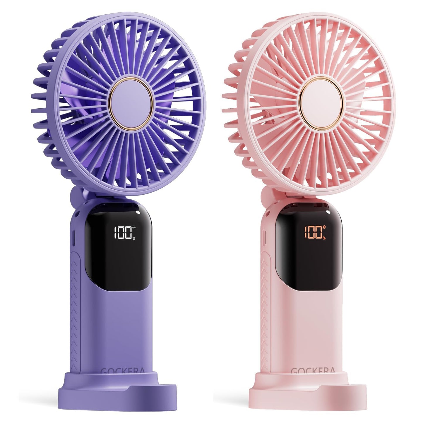 GOCKERA Portable Fan, 4200mAh Battery Operated Fan, 5 Speeds&Digital Display, Makeup Fans for Women with Base, 180°Foldable 3in1 Handheld/Neck/Desk Fan for Outdoor Indoor,Ultra Quiet (Pink)