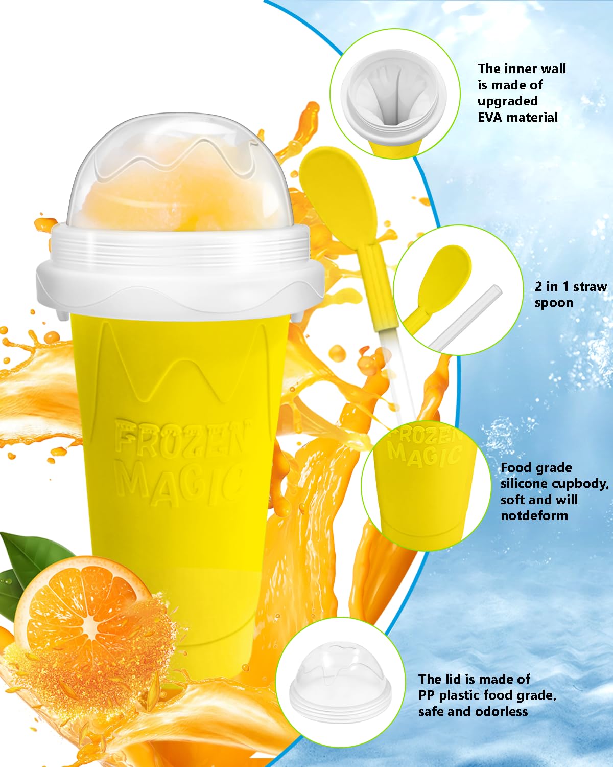 Slushy Maker Cup, DIY Magic Slushy Maker Squeeze Cup, Portable Smoothie Squeeze Cup for Juices, Milk and Ice Cream Make, Double Layers Silica Cup with Lid & Straw for Kids, Friends, Family (Blue)1
