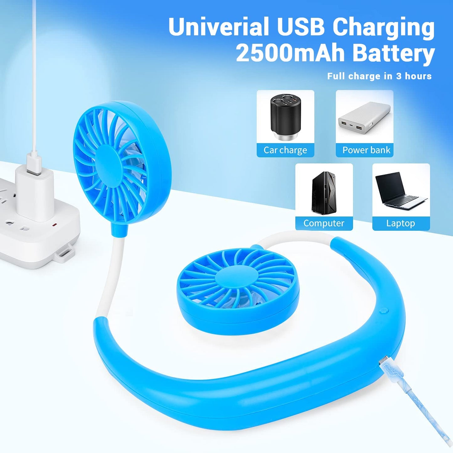 Portable Neck Fan Rechargeable Personal Hand-Free Fan Mini USB Wearable Neckband Sport Fan, 3 Speed Adjustable, 360 Degrees Free Rotation Perfect for Working, Traveling, Office, Reading (Black)