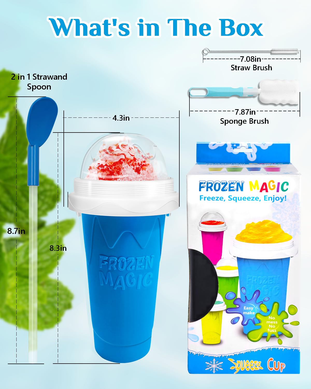 Slushy Maker Cup, DIY Magic Slushy Maker Squeeze Cup, Portable Smoothie Squeeze Cup for Juices, Milk and Ice Cream Make, Double Layers Silica Cup with Lid & Straw for Kids, Friends, Family (Blue)1