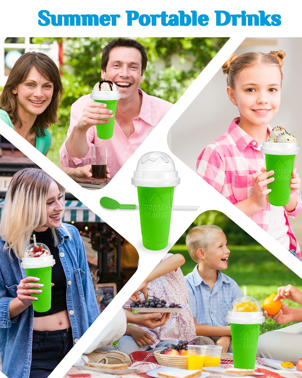 Slushy Maker Cup, DIY Magic Slushy Maker Squeeze Cup, Portable Smoothie Squeeze Cup for Juices, Milk and Ice Cream Make, Double Layers Silica Cup with Lid & Straw for Kids, Friends, Family (Blue)1