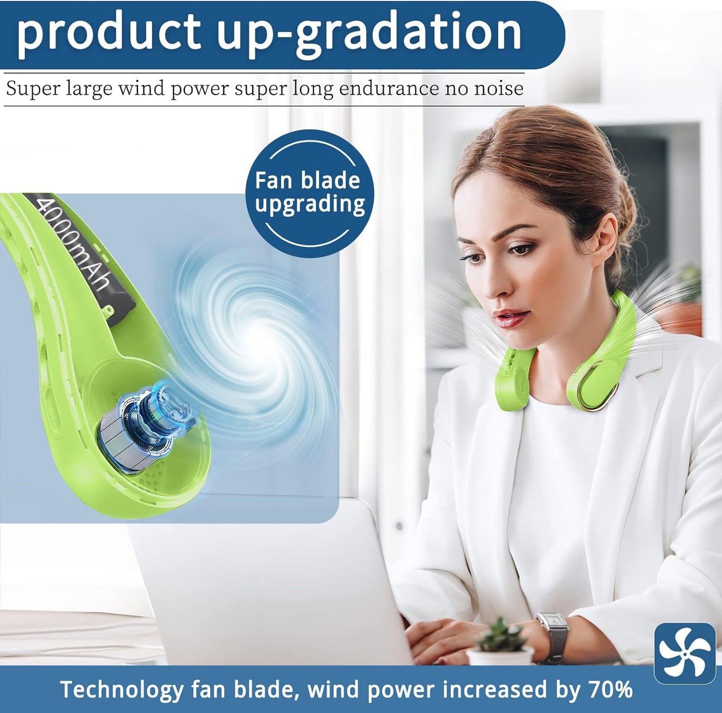 ASNUG Neck Fan, USB Rechargeable Personal Fan, 4000 mAh Battery Operated, 3 Speeds Adjustable, Faster Cooling, Ultra Quiet, Suitable for Home, Office, Travel, Sports