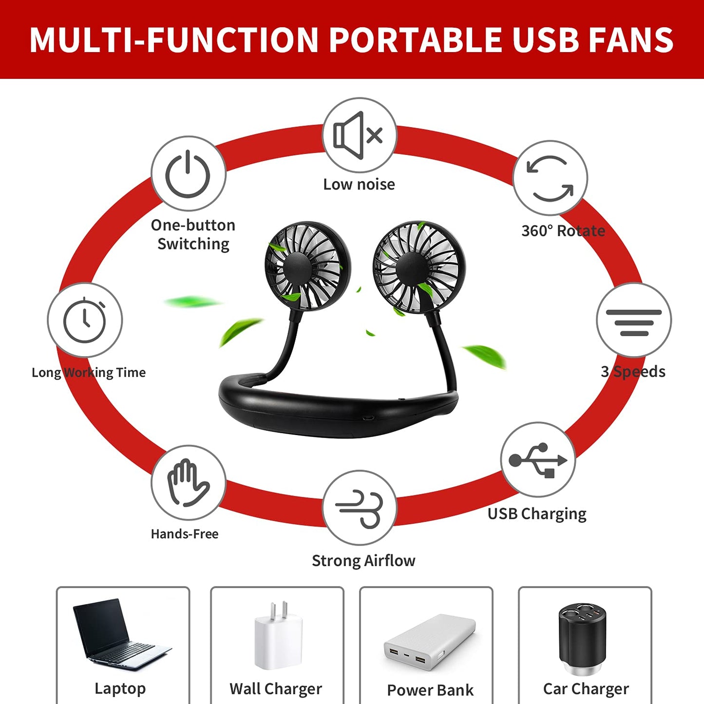 Portable Neck Fan Rechargeable Personal Hand-Free Fan Mini USB Wearable Neckband Sport Fan, 3 Speed Adjustable, 360 Degrees Free Rotation Perfect for Working, Traveling, Office, Reading (Black)