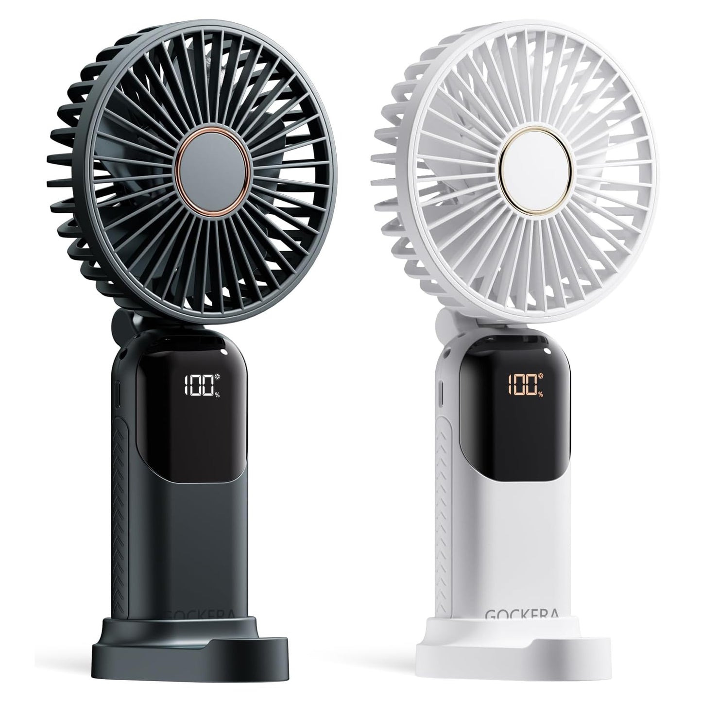 GOCKERA Portable Fan, 4200mAh Battery Operated Fan, 5 Speeds&Digital Display, Makeup Fans for Women with Base, 180°Foldable 3in1 Handheld/Neck/Desk Fan for Outdoor Indoor,Ultra Quiet (Pink)