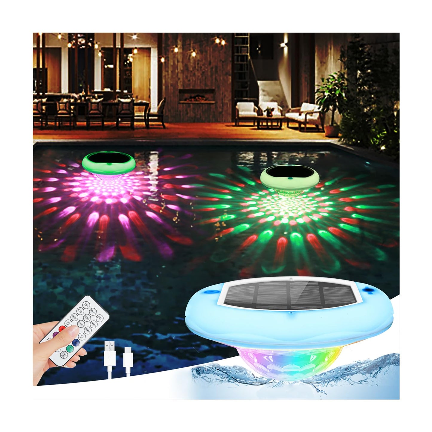 Solar Powered and USB Rechargeable Floating Pool Lights, 6.69 Inch IP68 Waterproof Pool Lights That Float 6 Dynamic Modes with Remote Upper and Lower Glow 2600mAh Hangable Solar Light for Pond 2 PACK