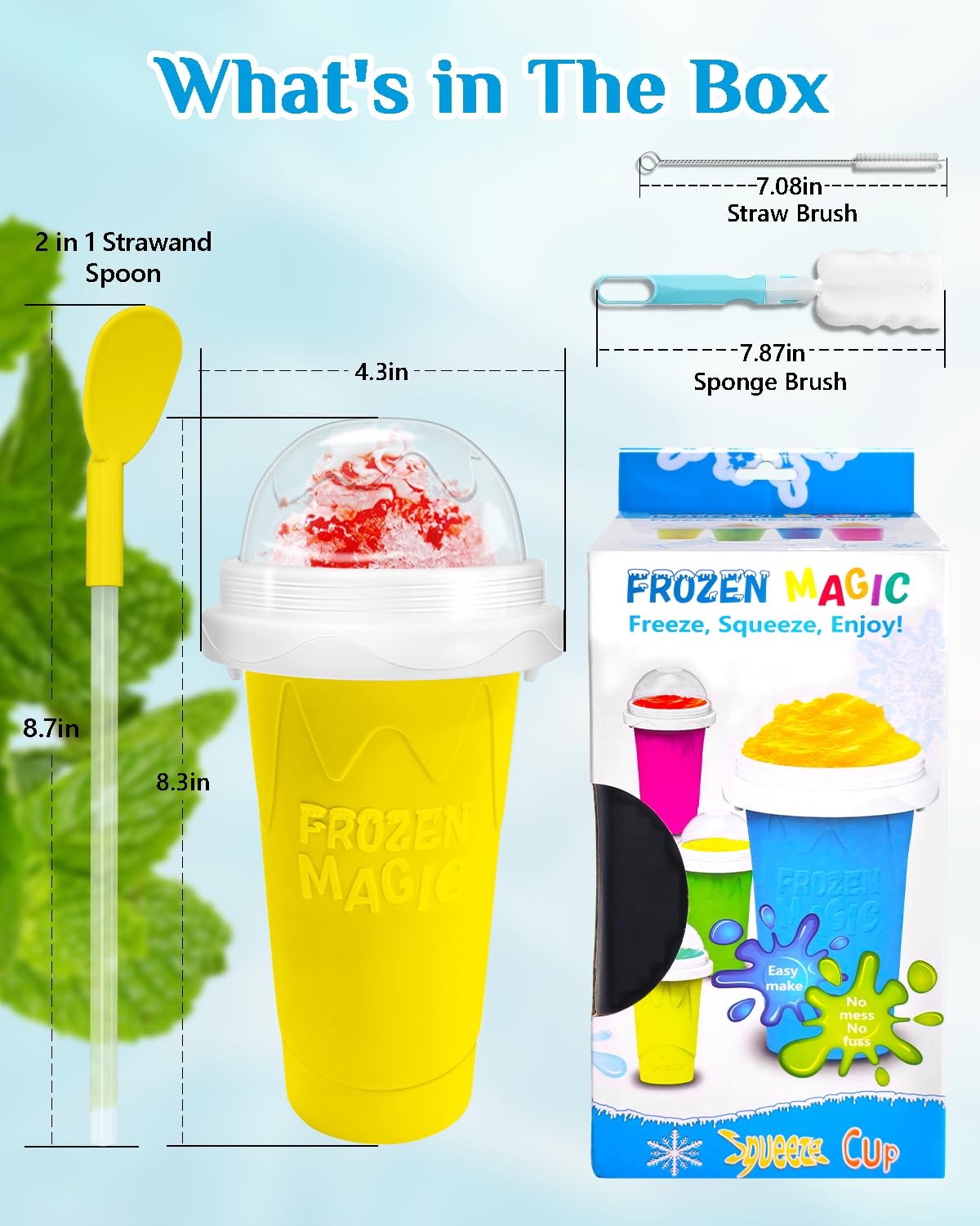 Slushy Maker Cup, DIY Magic Slushy Maker Squeeze Cup, Portable Smoothie Squeeze Cup for Juices, Milk and Ice Cream Make, Double Layers Silica Cup with Lid & Straw for Kids, Friends, Family (Blue)1