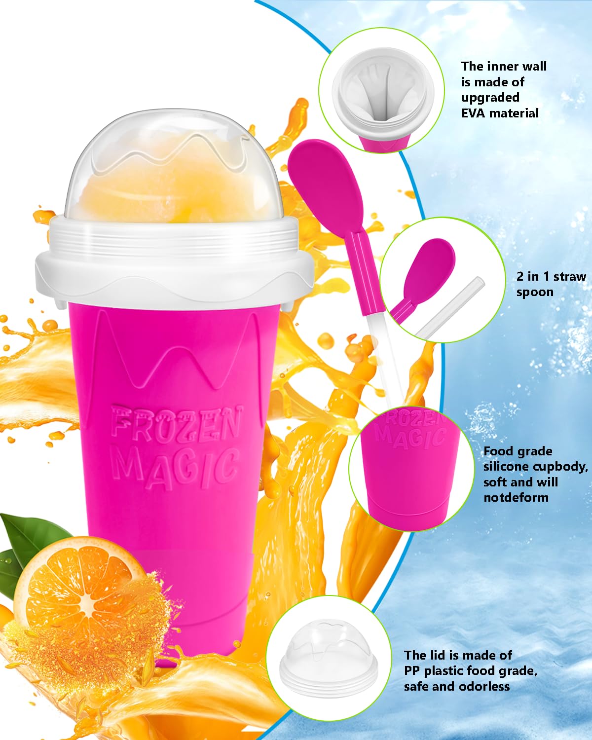 Slushy Maker Cup, DIY Magic Slushy Maker Squeeze Cup, Portable Smoothie Squeeze Cup for Juices, Milk and Ice Cream Make, Double Layers Silica Cup with Lid & Straw for Kids, Friends, Family (Blue)1
