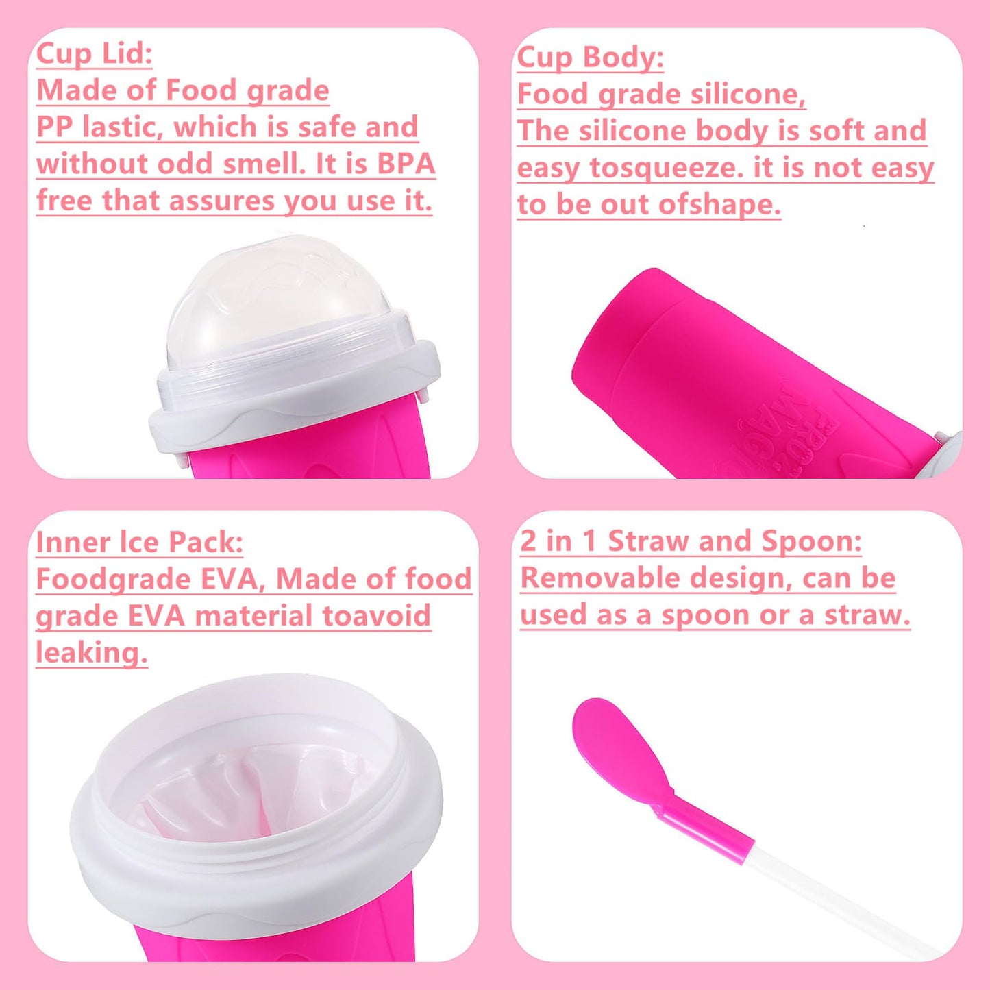 Slushie Cup, Slushy Maker Cup with Lid & Straw for Kids Friends Family, Portable Smoothie Squeeze Cup for Milk, Juices, and Ice Cream Make