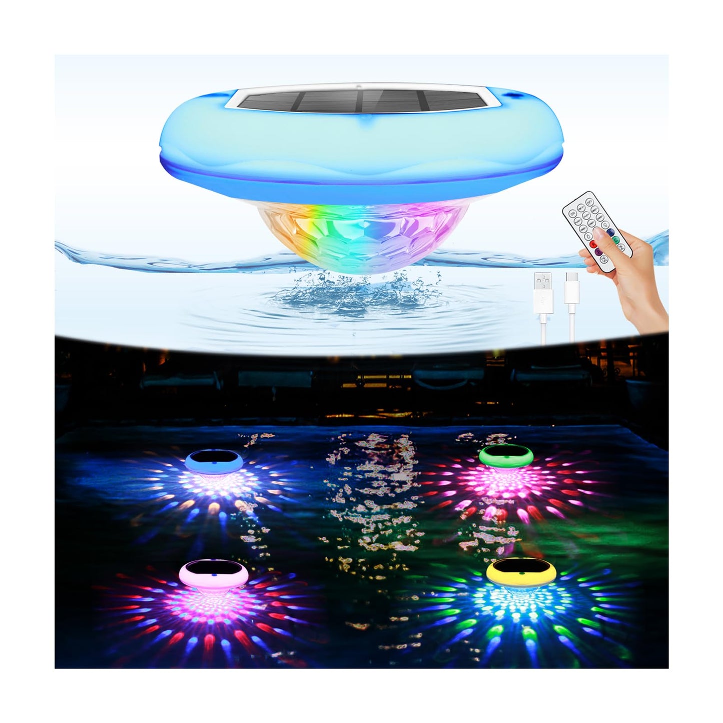 Solar Powered and USB Rechargeable Floating Pool Lights, 6.69 Inch IP68 Waterproof Pool Lights That Float 6 Dynamic Modes with Remote Upper and Lower Glow 2600mAh Hangable Solar Light for Pond 2 PACK