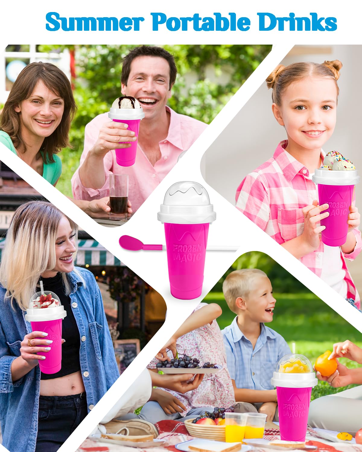 Slushy Maker Cup, DIY Magic Slushy Maker Squeeze Cup, Portable Smoothie Squeeze Cup for Juices, Milk and Ice Cream Make, Double Layers Silica Cup with Lid & Straw for Kids, Friends, Family (Blue)1