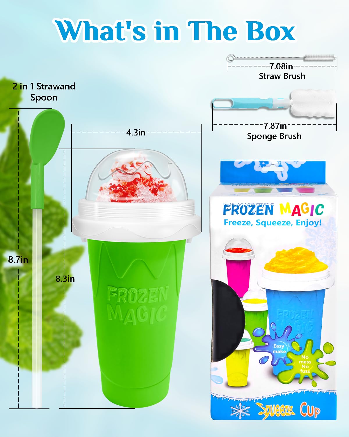 Slushy Maker Cup, DIY Magic Slushy Maker Squeeze Cup, Portable Smoothie Squeeze Cup for Juices, Milk and Ice Cream Make, Double Layers Silica Cup with Lid & Straw for Kids, Friends, Family (Blue)1