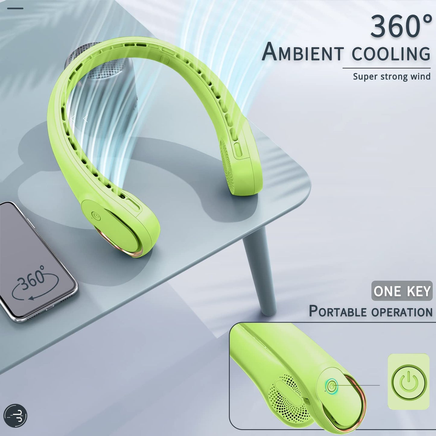 ASNUG Neck Fan, USB Rechargeable Personal Fan, 4000 mAh Battery Operated, 3 Speeds Adjustable, Faster Cooling, Ultra Quiet, Suitable for Home, Office, Travel, Sports
