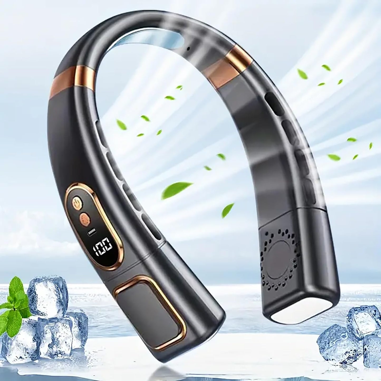 AbuDodo Portable Neck Fan, Hands-Free Bladeless Fan, With Three Light Modes, Battery Operated, 5 Speeds Adjustable, Faster Cooling, Ultra Quiet, Suitable for Home, Office, Travel, Sports -Black