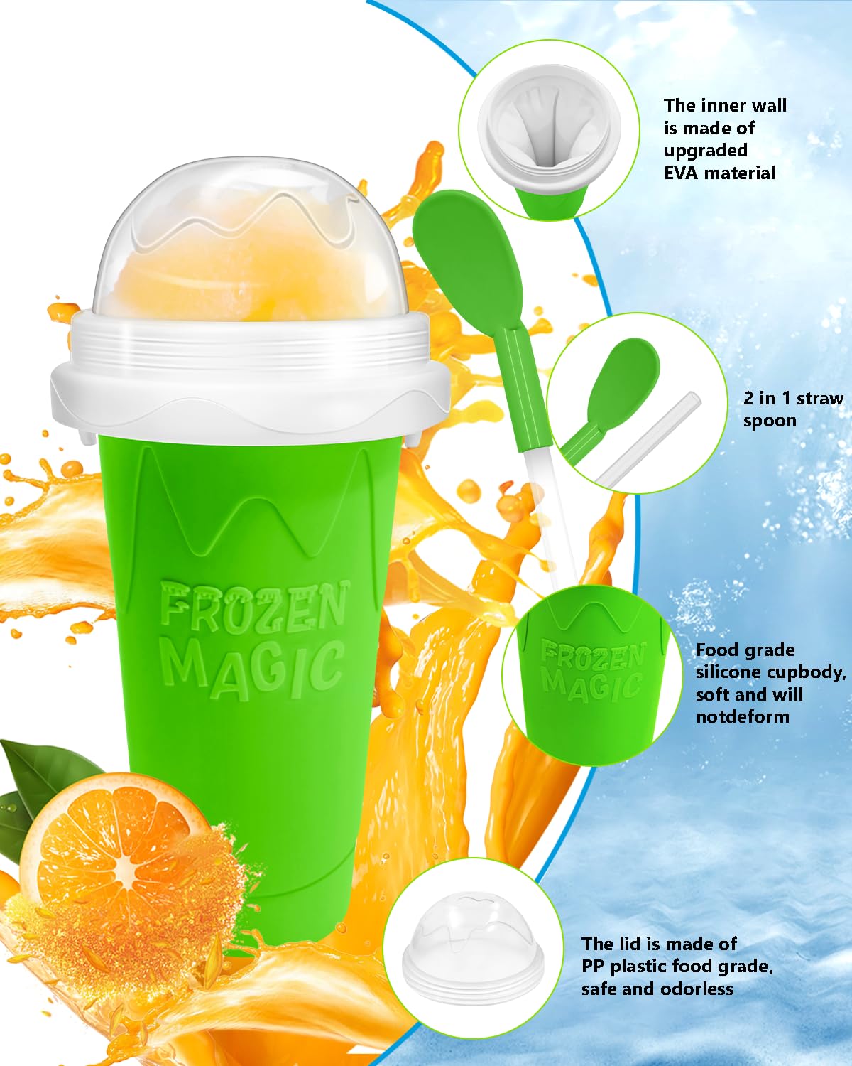 Slushy Maker Cup, DIY Magic Slushy Maker Squeeze Cup, Portable Smoothie Squeeze Cup for Juices, Milk and Ice Cream Make, Double Layers Silica Cup with Lid & Straw for Kids, Friends, Family (Blue)1