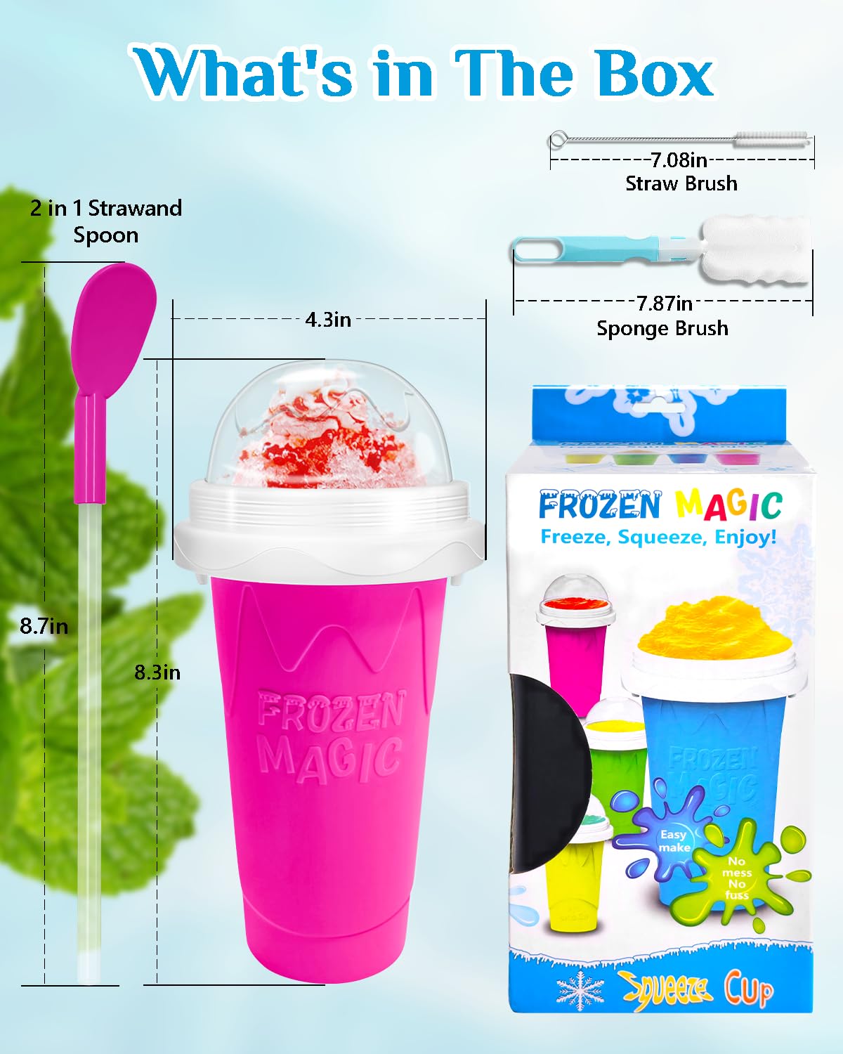 Slushy Maker Cup, DIY Magic Slushy Maker Squeeze Cup, Portable Smoothie Squeeze Cup for Juices, Milk and Ice Cream Make, Double Layers Silica Cup with Lid & Straw for Kids, Friends, Family (Blue)1