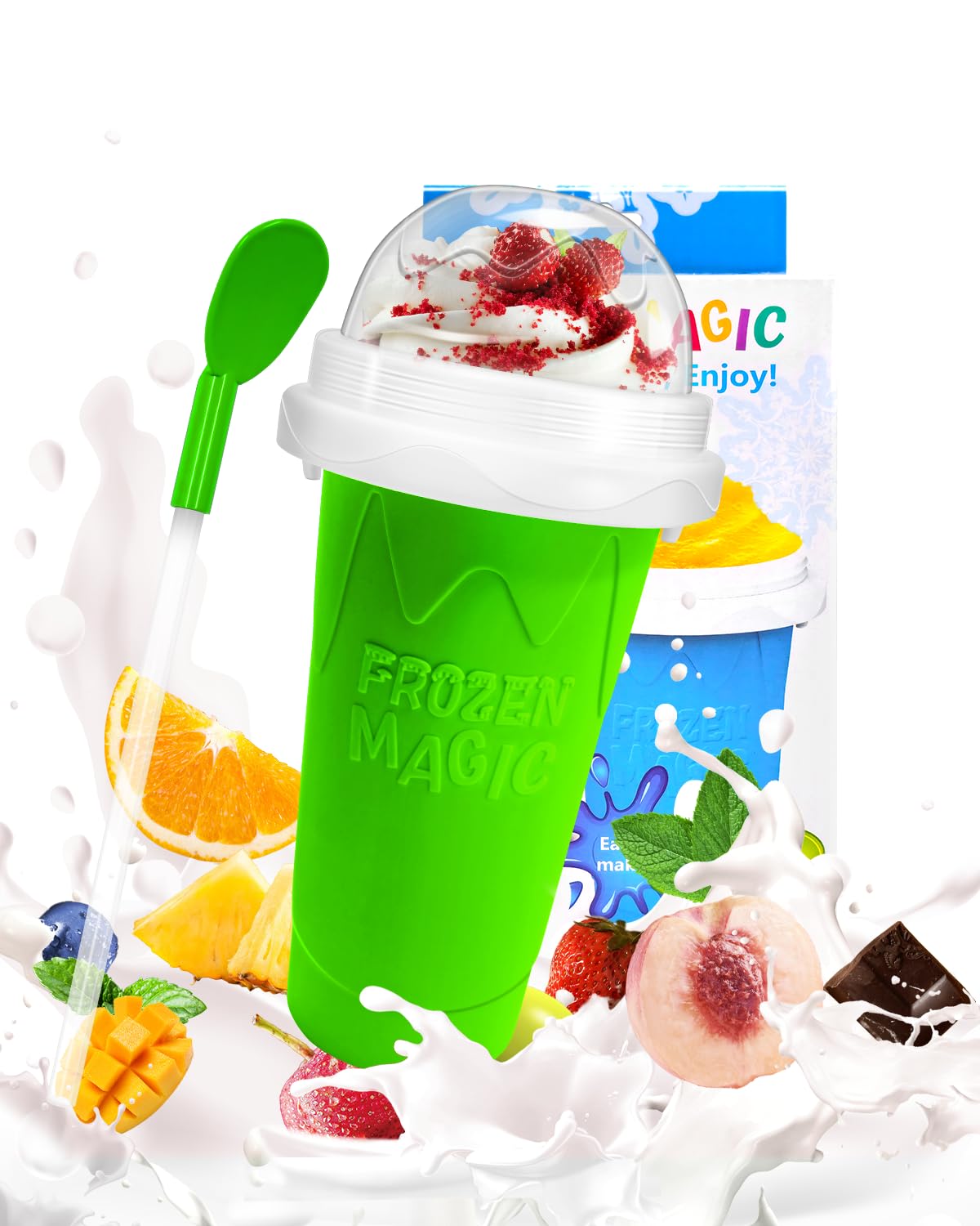 Slushy Maker Cup, DIY Magic Slushy Maker Squeeze Cup, Portable Smoothie Squeeze Cup for Juices, Milk and Ice Cream Make, Double Layers Silica Cup with Lid & Straw for Kids, Friends, Family (Blue)1